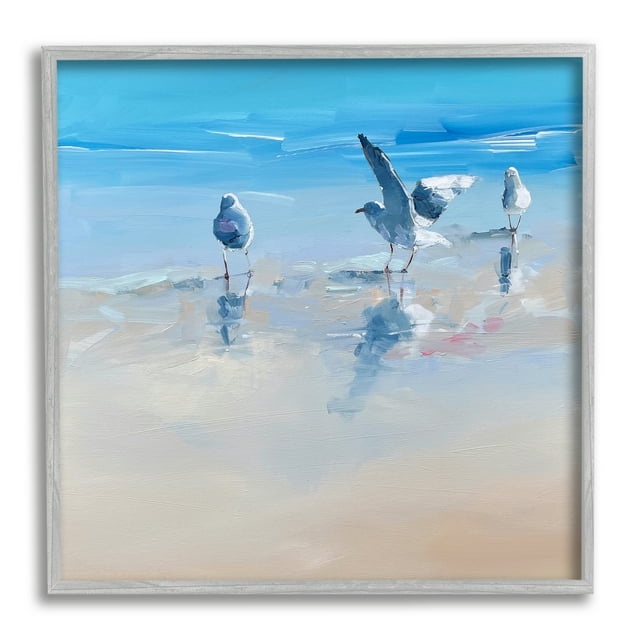 Stupell Industries Seagulls on Beach Painting Animals & Insects Painting Gray Framed Art Print Wall Art, 12 x 12