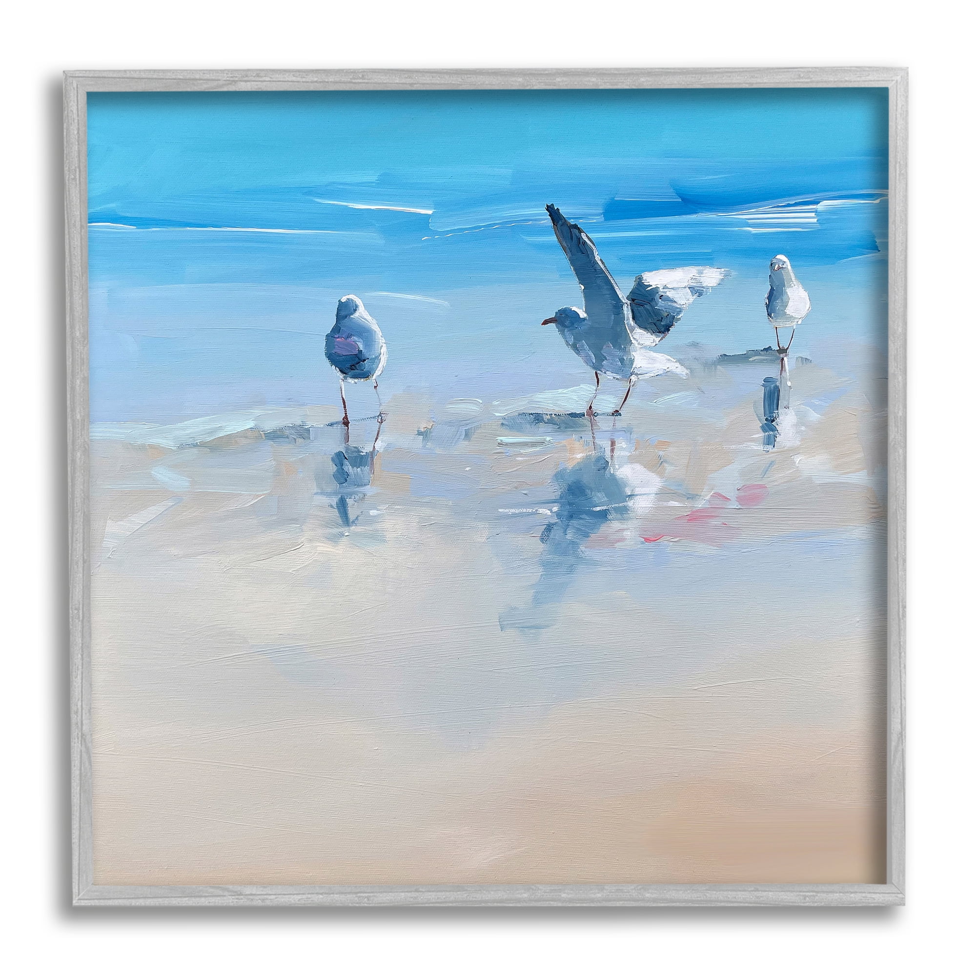 Stupell Industries Seagulls on Beach Painting Animals & Insects Painting Gray Framed Art Print Wall Art, 24 x 24