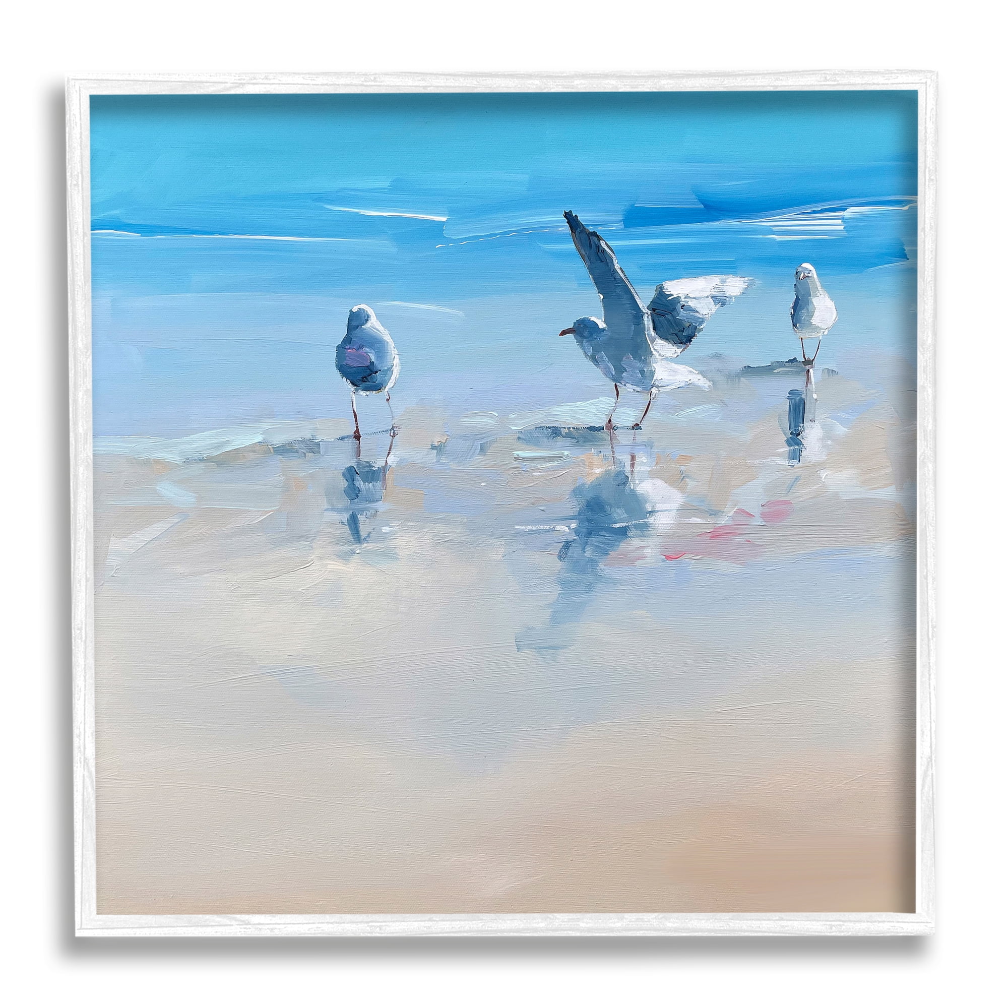 Stupell Industries Seagulls on Beach Painting Animals & Insects Painting White Framed Art Print Wall Art, 24 x 24