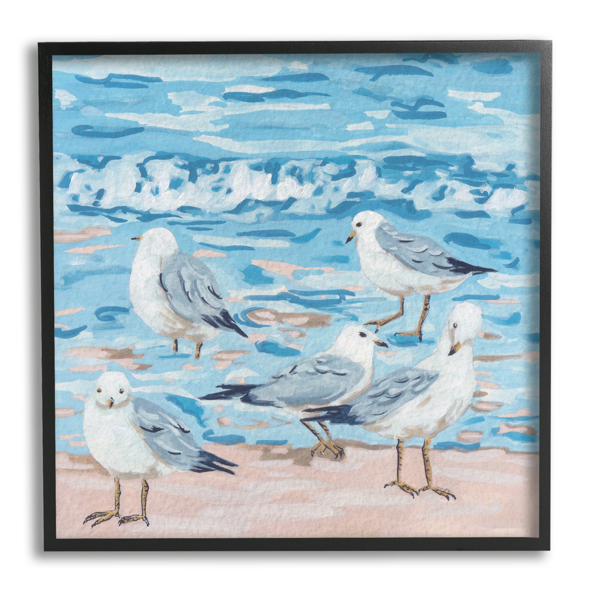 Stupell Industries Seagulls on Beach Shore Animals & Insects Painting Black Framed Art Print Wall Art, 17 x 17