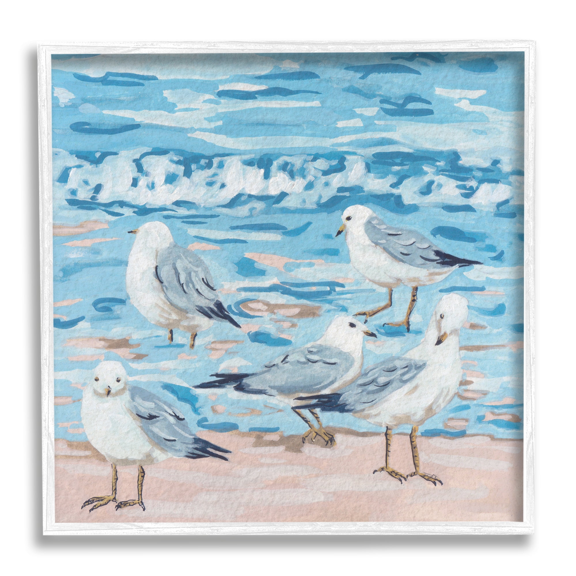 Stupell Industries Seagulls on Beach Shore Animals & Insects Painting White Framed Art Print Wall Art, 24 x 24