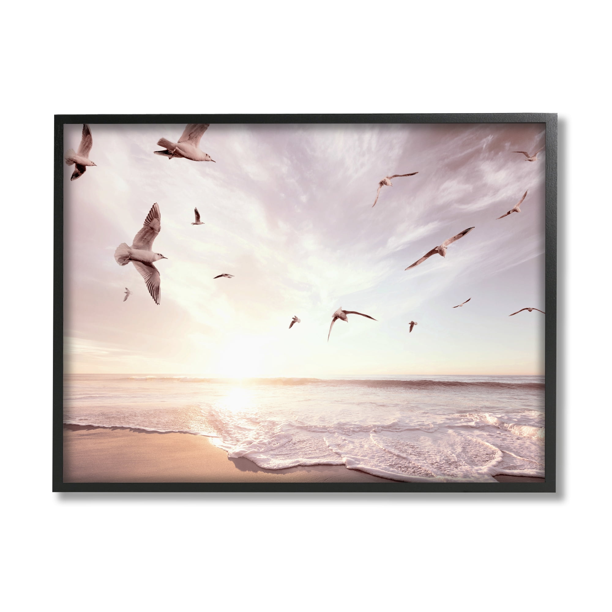 Stupell Industries Seagulls over Beach Coast Surf Nautical Landscape Landscape Photography Black Framed Art Print Wall Art, 24 x 30