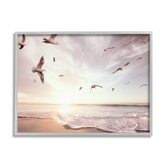 Stupell Industries Seagulls over Beach Coast Surf Nautical Landscape Landscape Photography Gray Framed Art Print Wall Art, 16 x 20