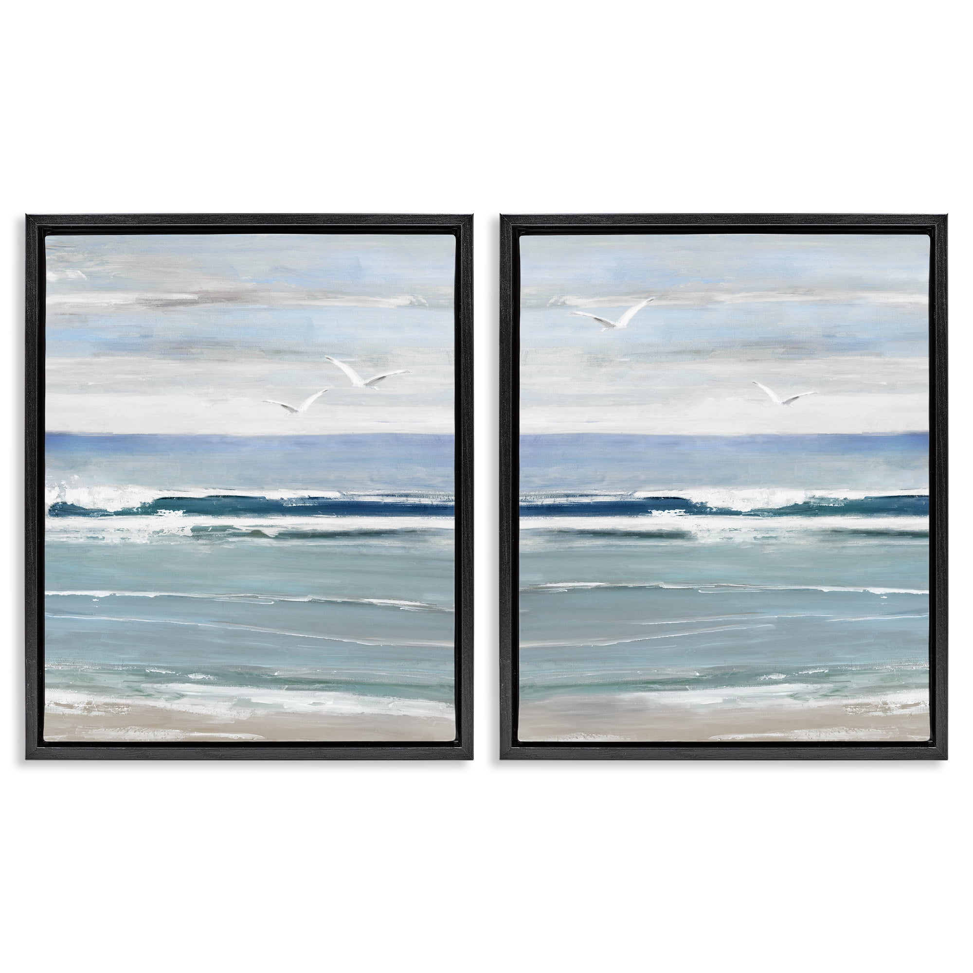 Stupell Industries Seagulls over Beach Waves Landscape Painting Black Floater Framed Canvas Art Print Wall Art, 25 x 31, Set of 2