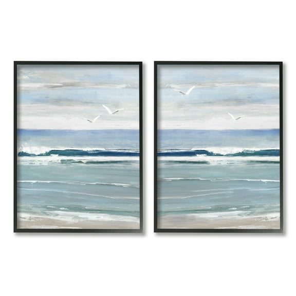 Stupell Industries Seagulls over Beach Waves Landscape Painting Black Framed Art Print Wall Art, 11 x 14, Set of 2