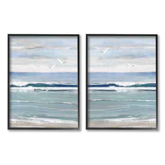 Stupell Industries Seagulls over Beach Waves Landscape Painting Black Framed Art Print Wall Art, 24 x 30, Set of 2