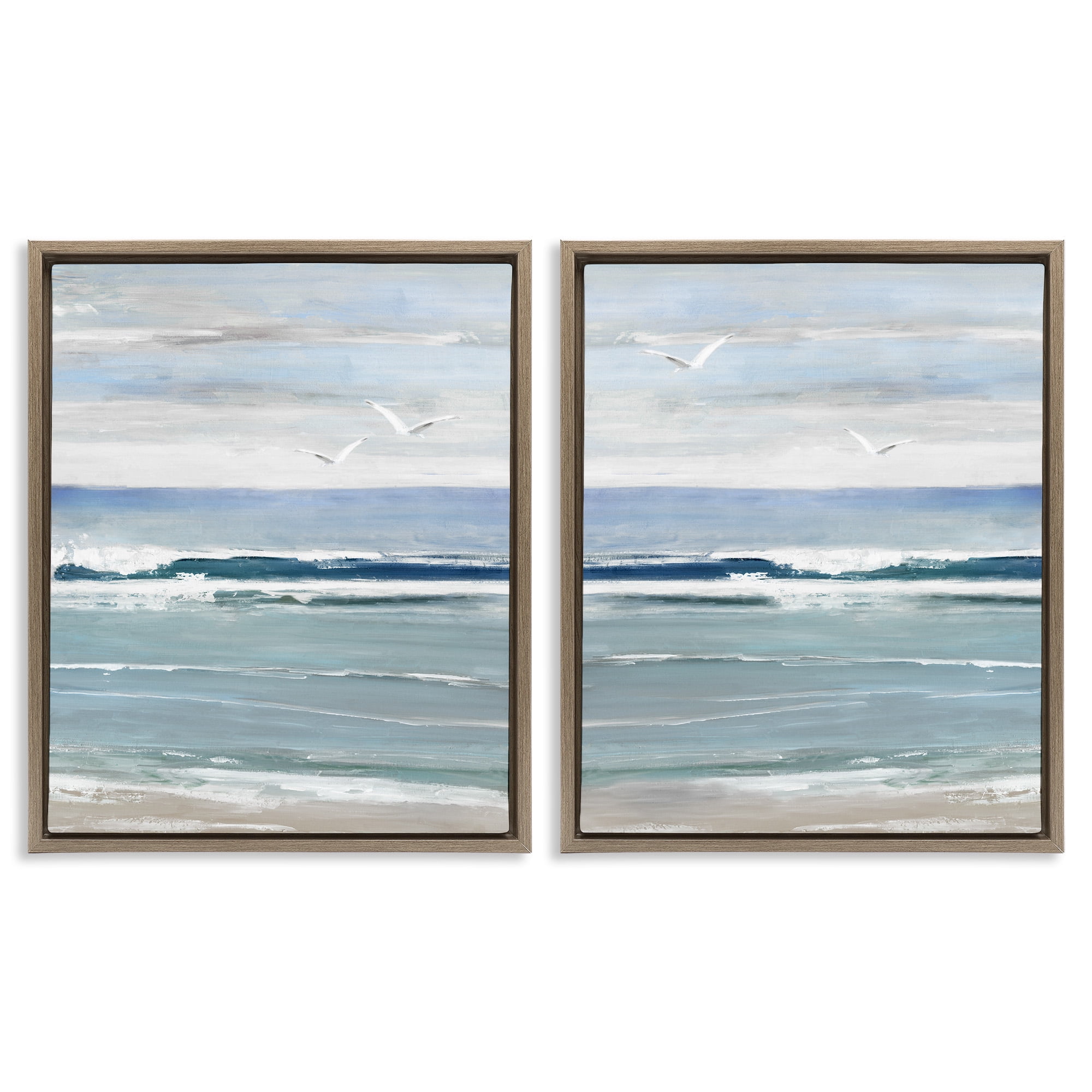 Stupell Industries Seagulls over Beach Waves Landscape Painting Brown Floater Framed Canvas Art Print Wall Art, 17 x 21, Set of 2
