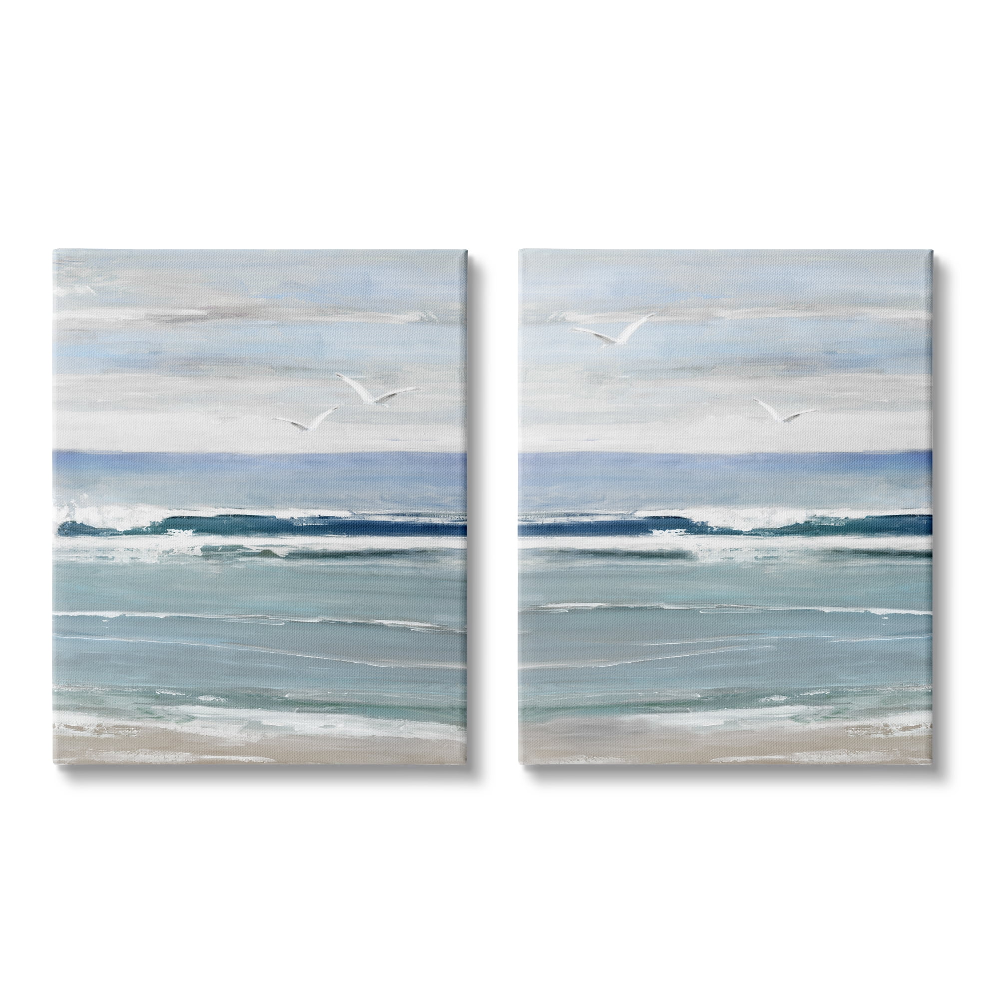 Seagulls Over Beach Waves Blue and White Canvas Art Set