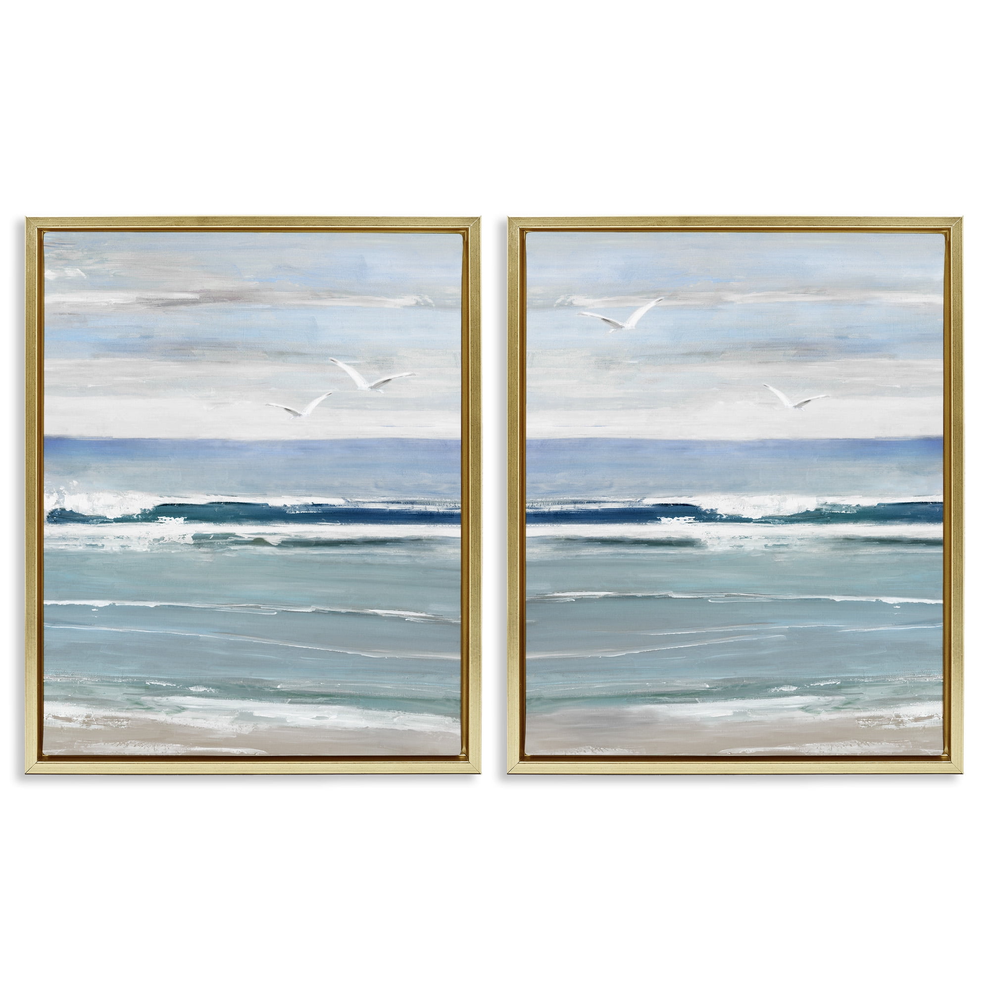 Stupell Industries Seagulls over Beach Waves Landscape Painting Gold Floater Framed Canvas Art Print Wall Art, 17 x 21, Set of 2