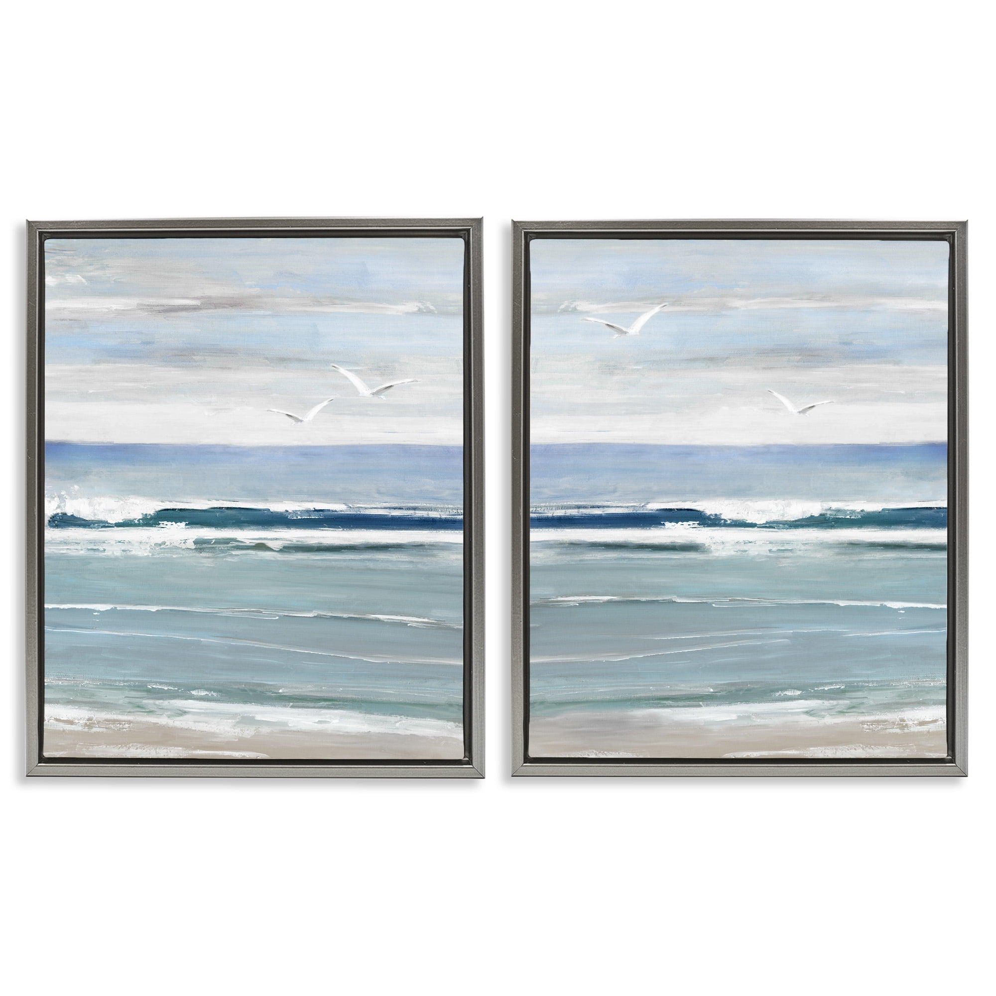 Stupell Industries Seagulls over Beach Waves Landscape Painting Gray Floater Framed Canvas Art Print Wall Art, 17 x 21, Set of 2