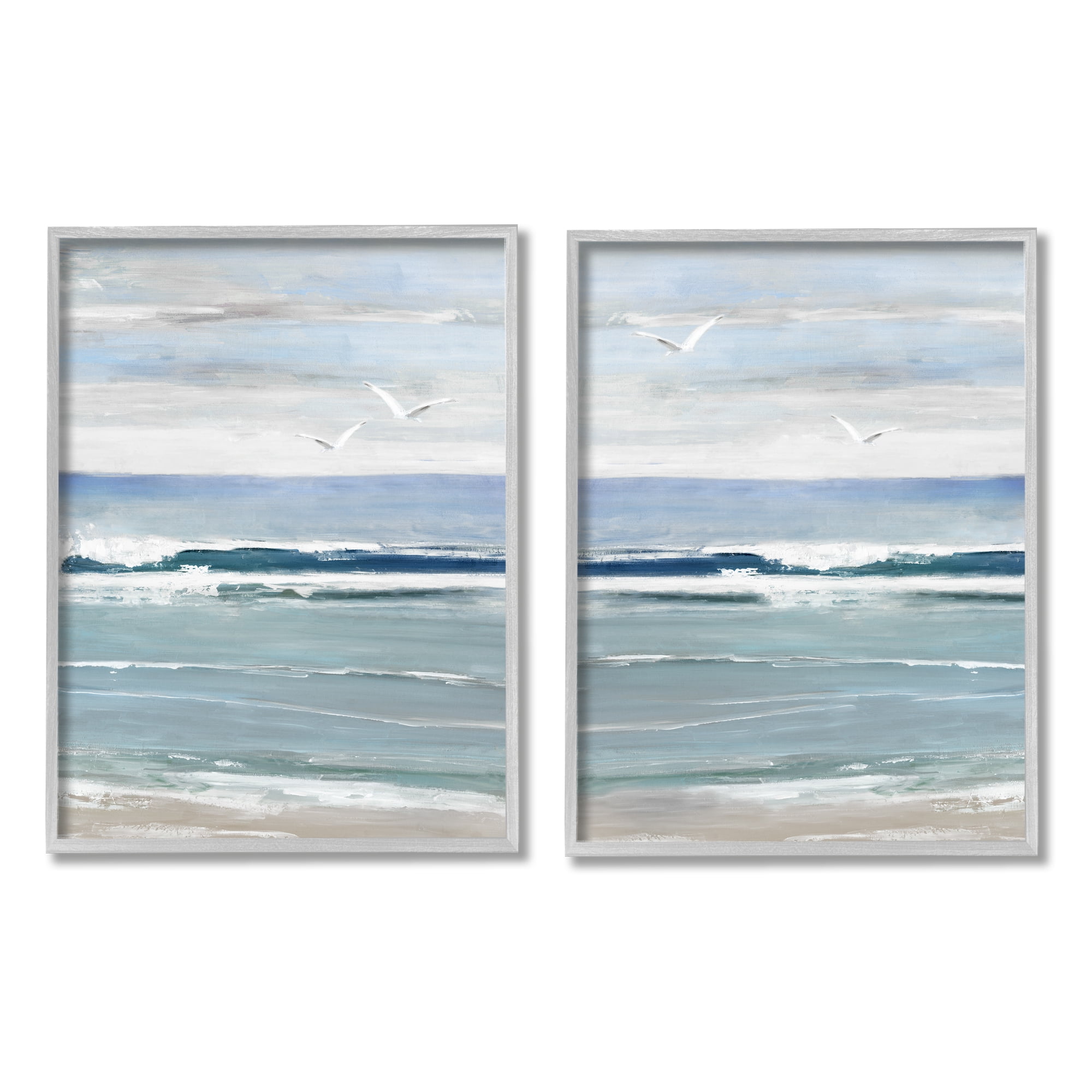 Stupell Industries Seagulls over Beach Waves Landscape Painting Gray Framed Art Print Wall Art, 24 x 30, Set of 2