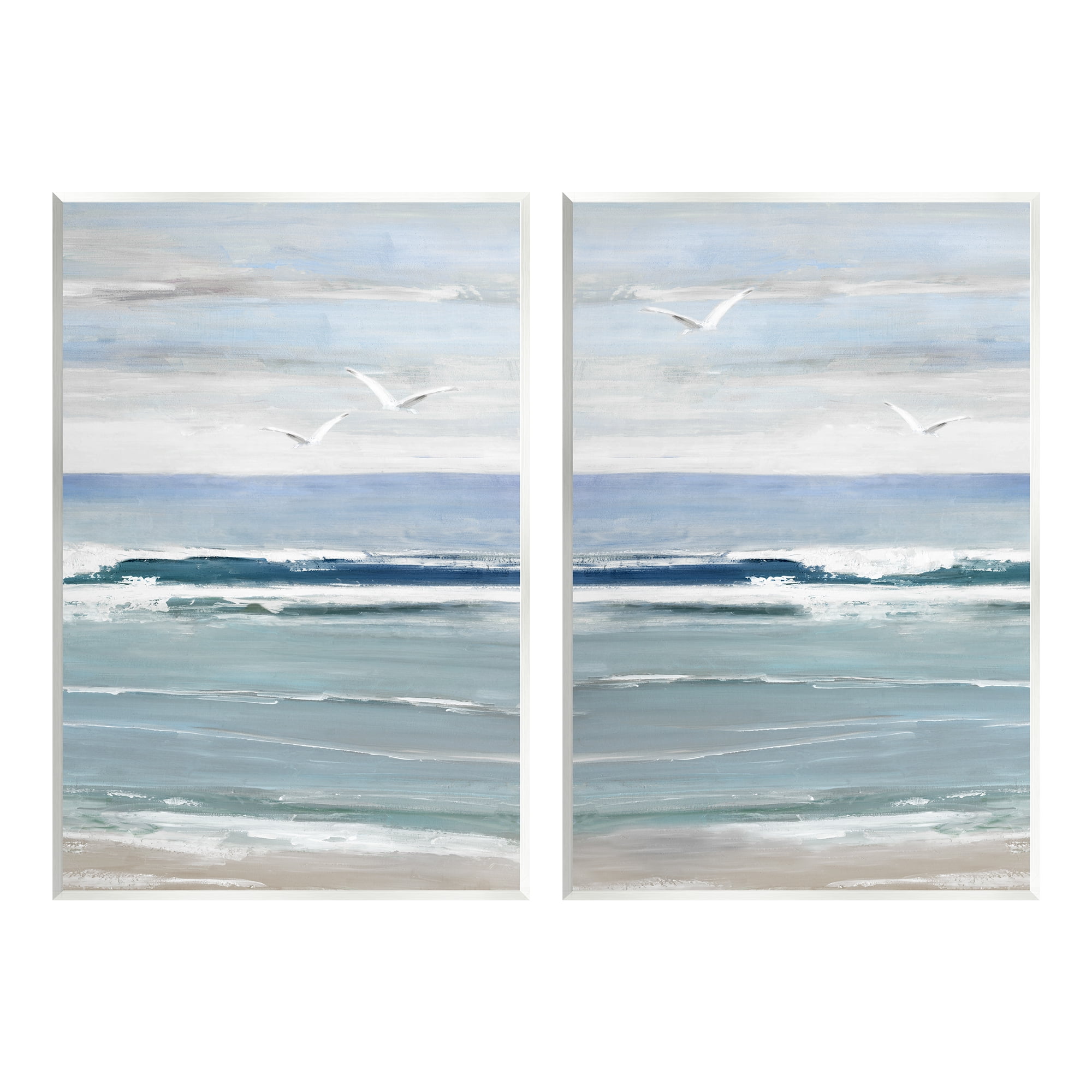 Stupell Industries Seagulls over Beach Waves Landscape Painting Unframed Art Print Wall Art, 13 x 19, Set of 2