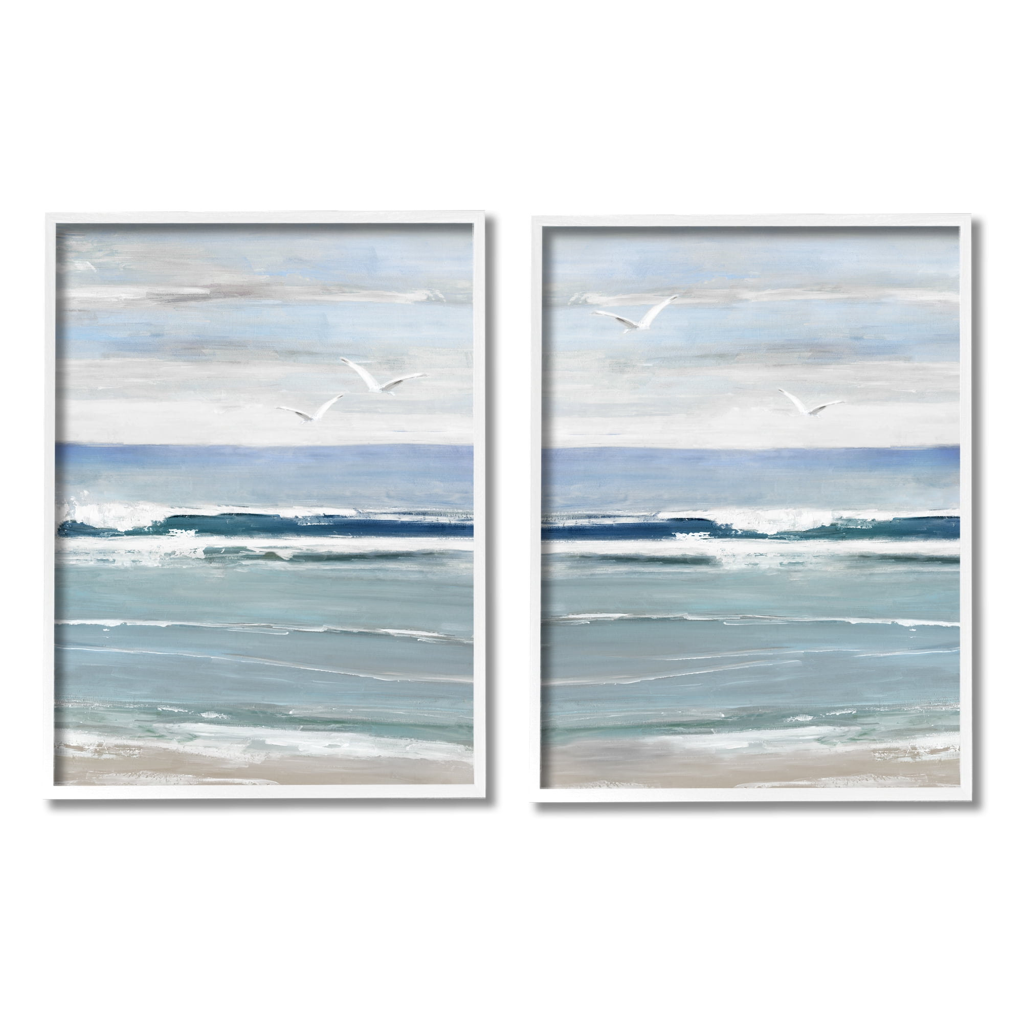 Stupell Industries Seagulls over Beach Waves Landscape Painting White Framed Art Print Wall Art, 11 x 14, Set of 2