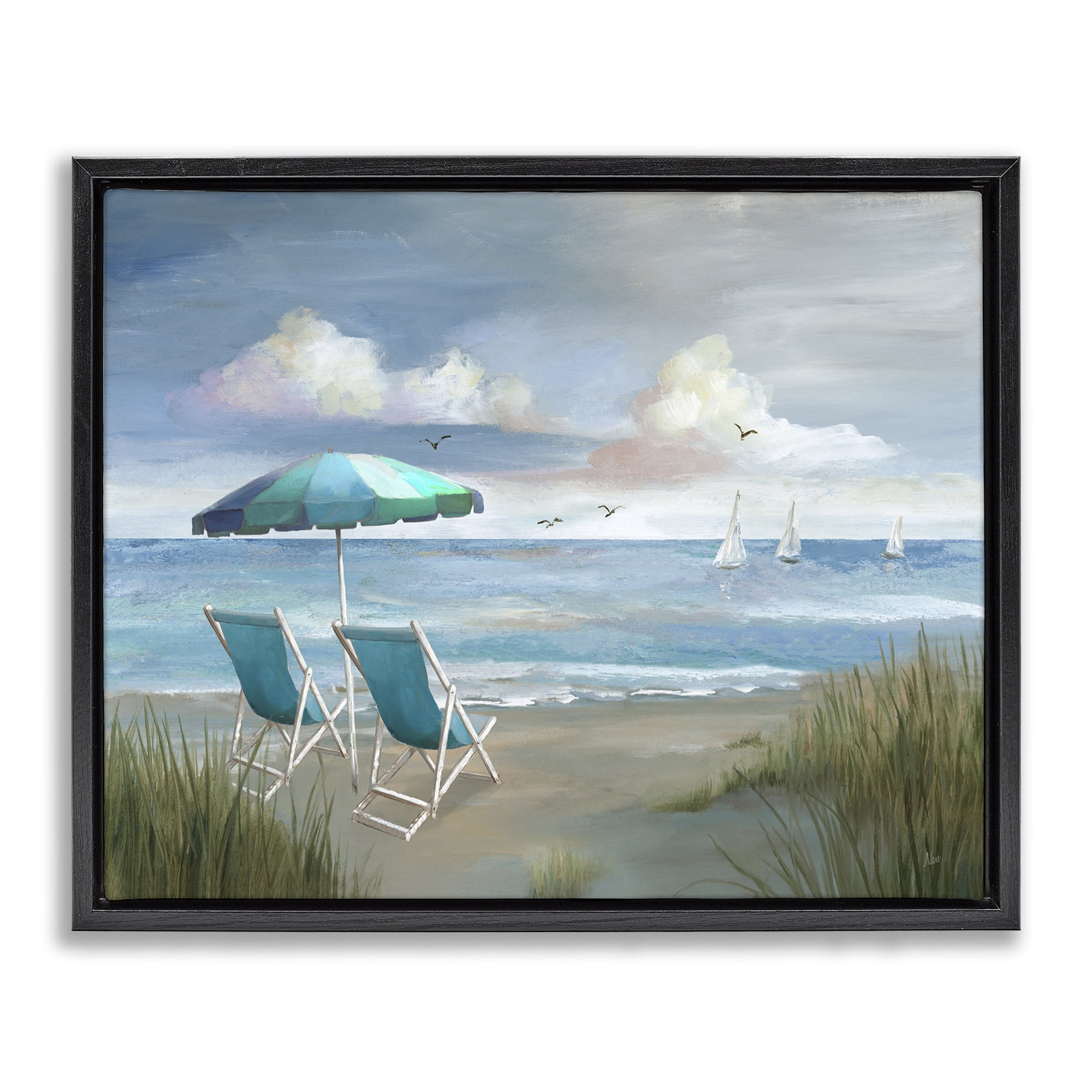 Stupell Industries Seagulls over Calm Beach Nautical & Beach Painting Black Floater Framed Canvas Art Print Wall Art, 31 x 25