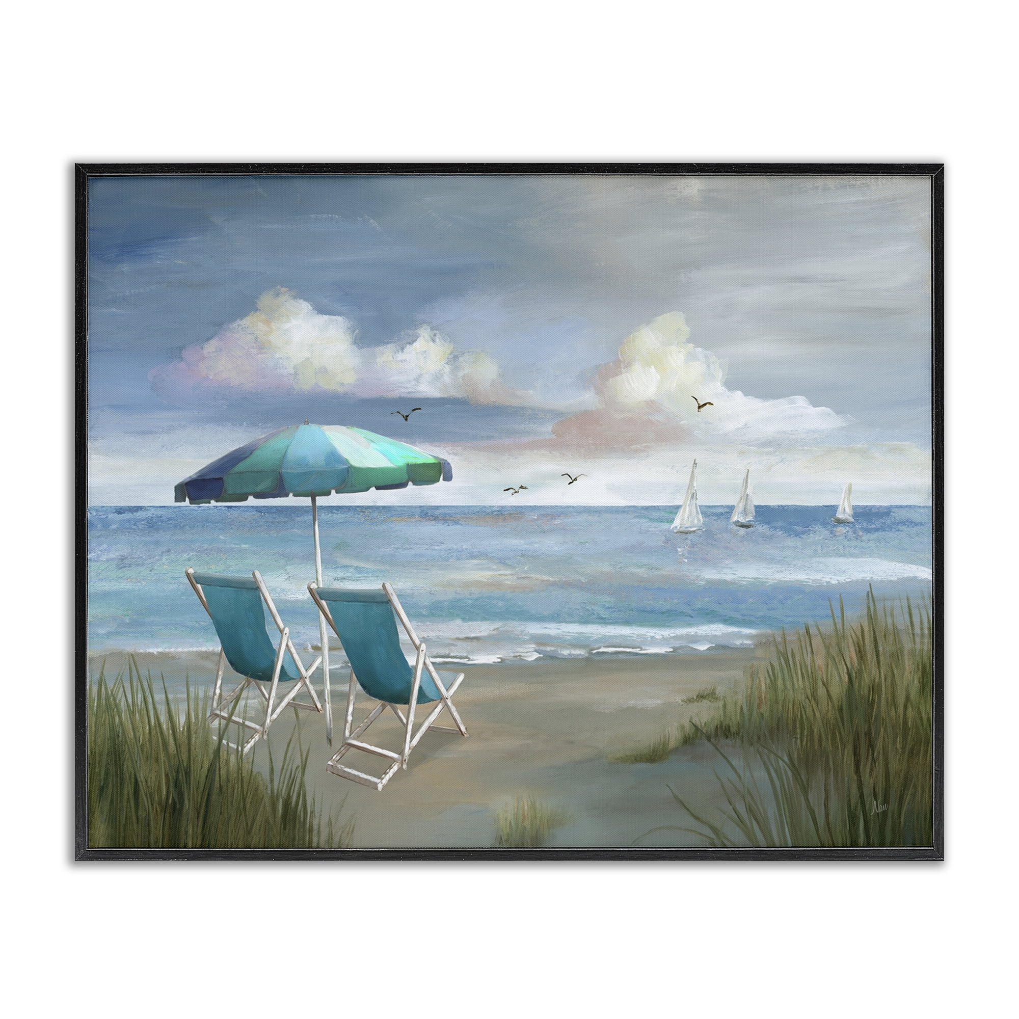 Stupell Industries Seagulls over Calm Beach Nautical & Beach Painting Black Framed Art Print Wall Art, 20 x 16
