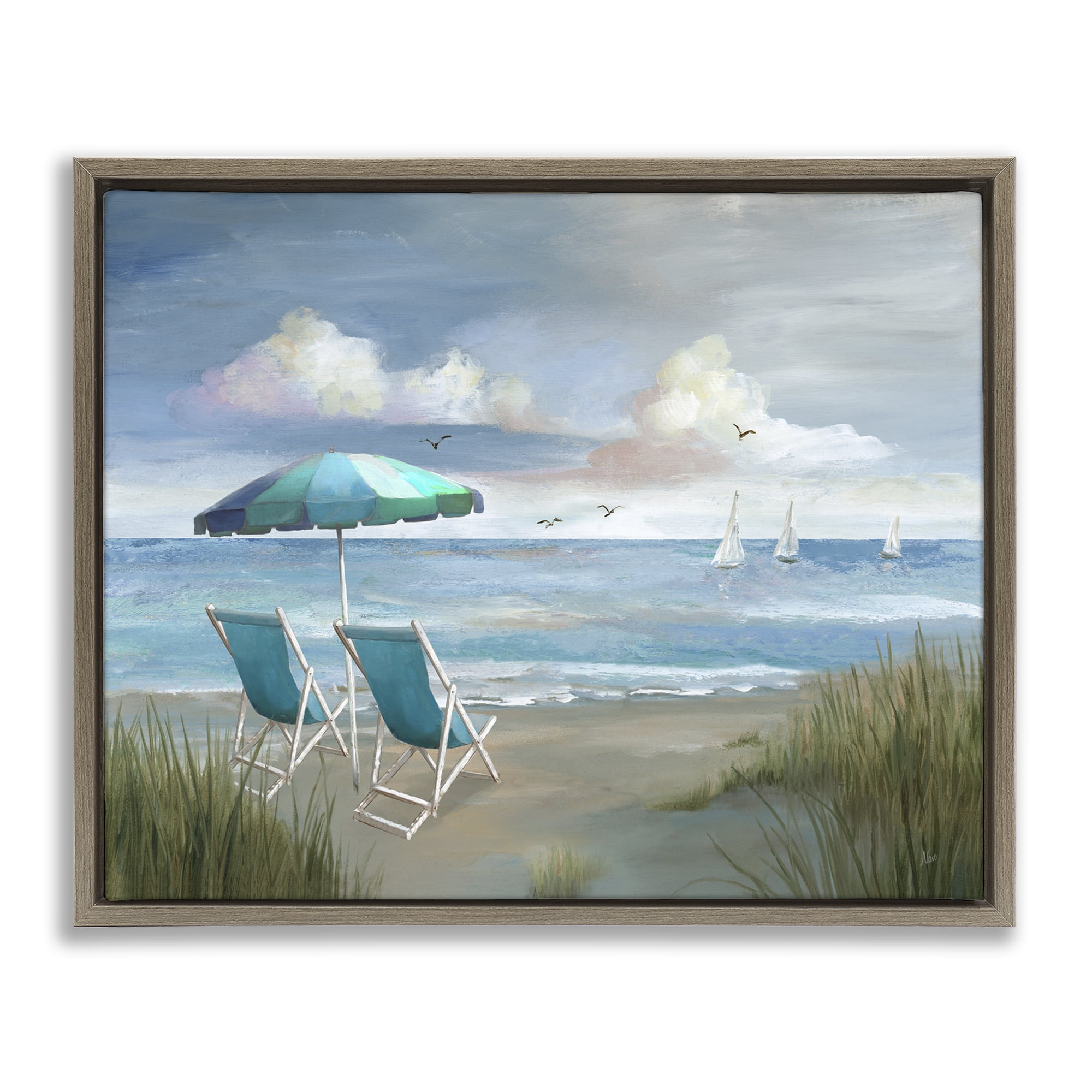 Stupell Industries Seagulls over Calm Beach Nautical & Beach Painting Brown Floater Framed Canvas Art Print Wall Art, 21 x 17