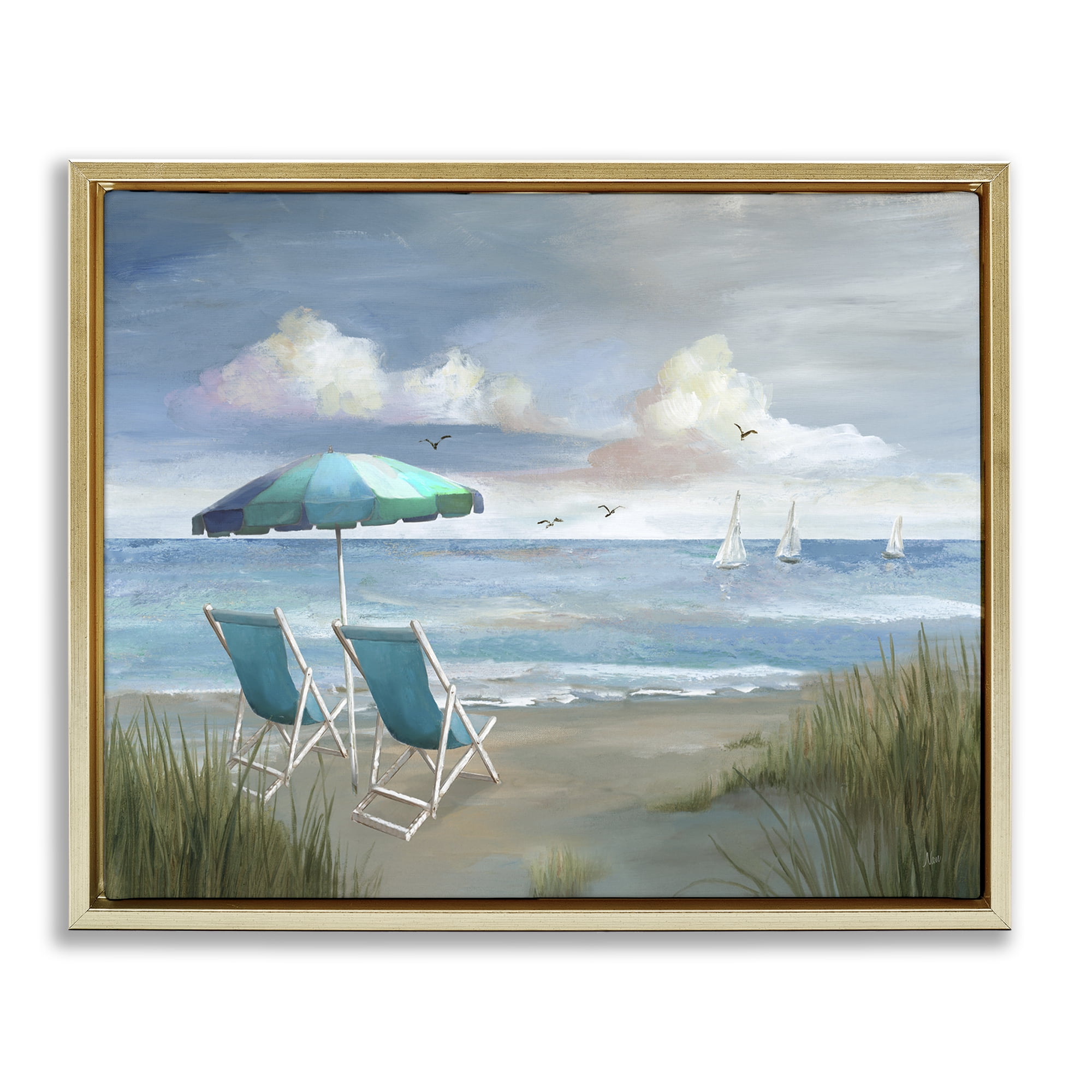 Stupell Industries Seagulls over Calm Beach Nautical & Beach Painting Gold Floater Framed Canvas Art Print Wall Art, 21 x 17