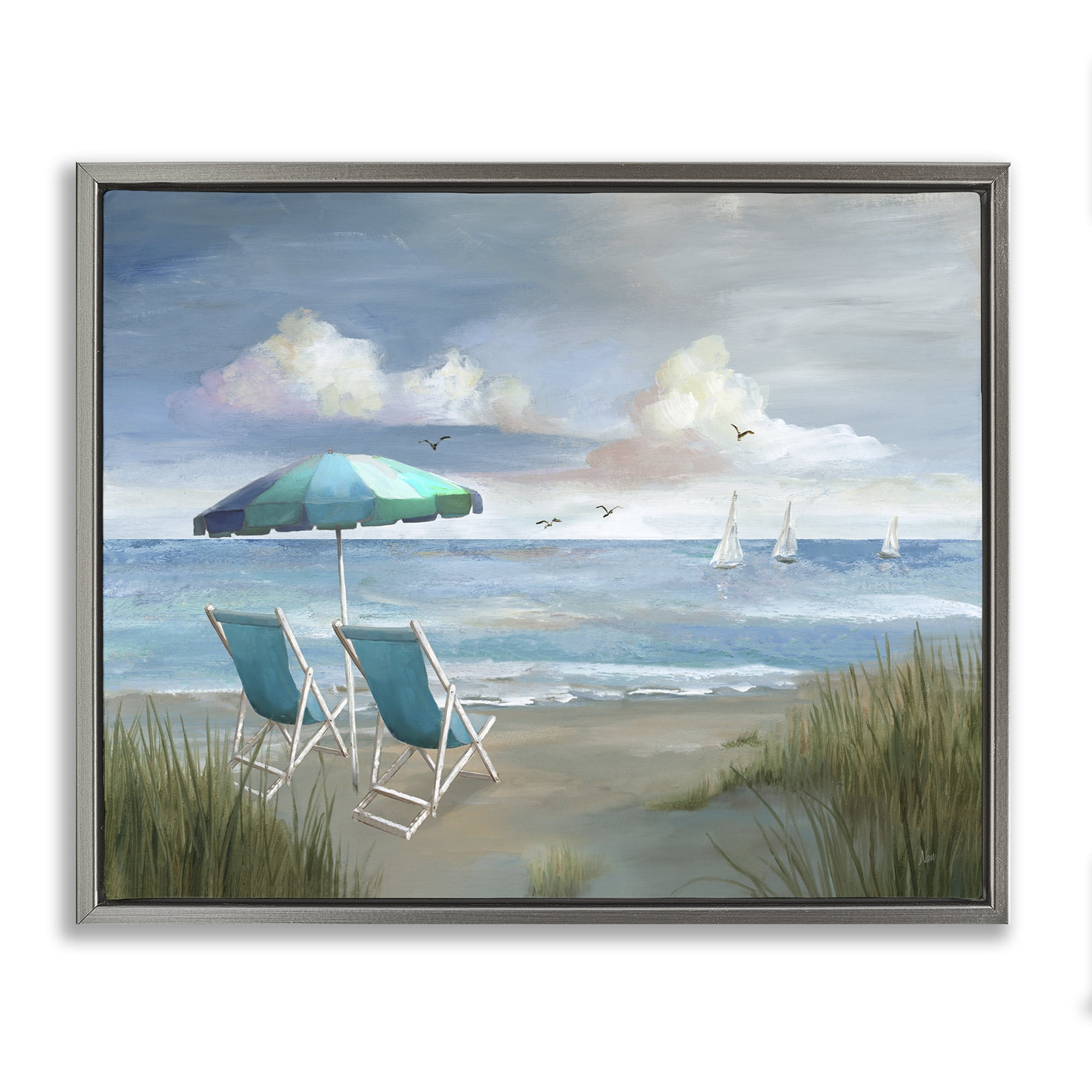 Stupell Industries Seagulls over Calm Beach Nautical & Beach Painting Gray Floater Framed Canvas Art Print Wall Art, 31 x 25