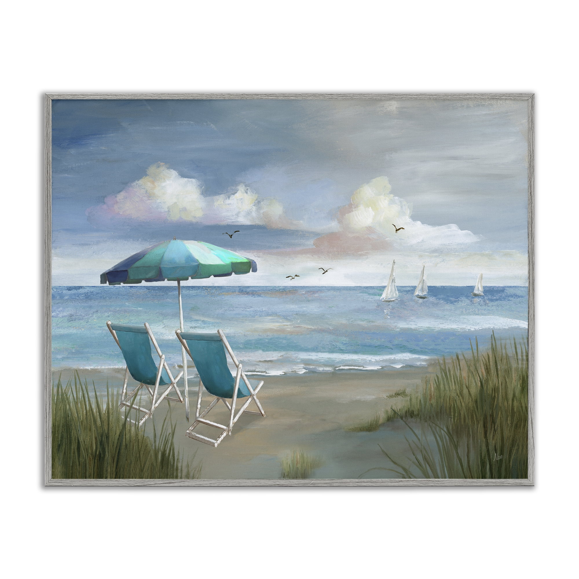 Stupell Industries Seagulls over Calm Beach Nautical & Beach Painting Gray Framed Art Print Wall Art, 30 x 24