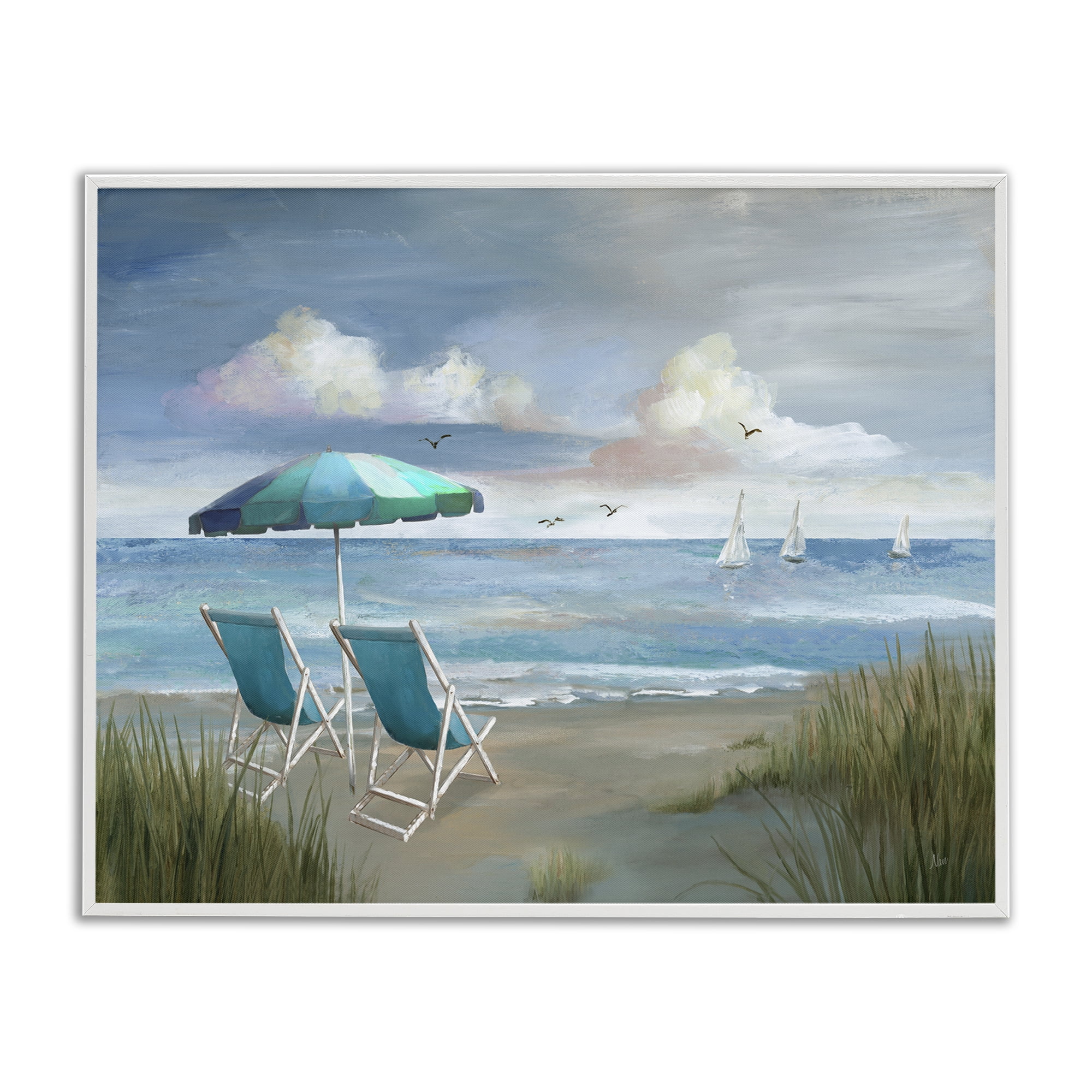 Stupell Industries Seagulls over Calm Beach Nautical & Beach Painting White Framed Art Print Wall Art, 30 x 24