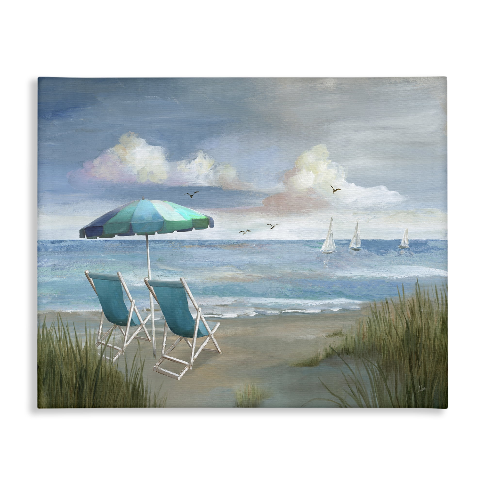 Stupell Industries Seagulls over Calm Beach Nautical & Beach Painting Wrapped Canvas Art Print Wall Art, 20 x 16