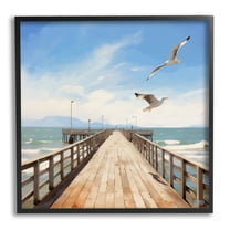 Stupell Industries Seagulls over Pier Landscape Painting Black Framed Art Print Wall Art, 12 x 12