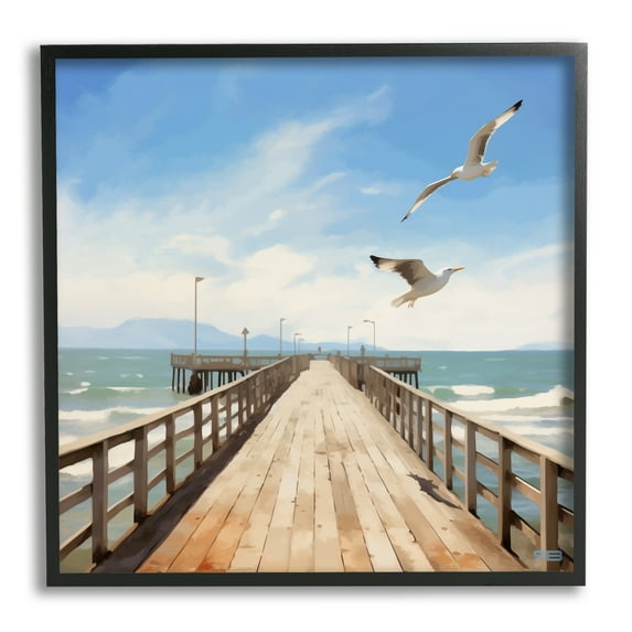 Stupell Industries Seagulls over Pier Landscape Painting Black Framed Art Print Wall Art, 24 x 24