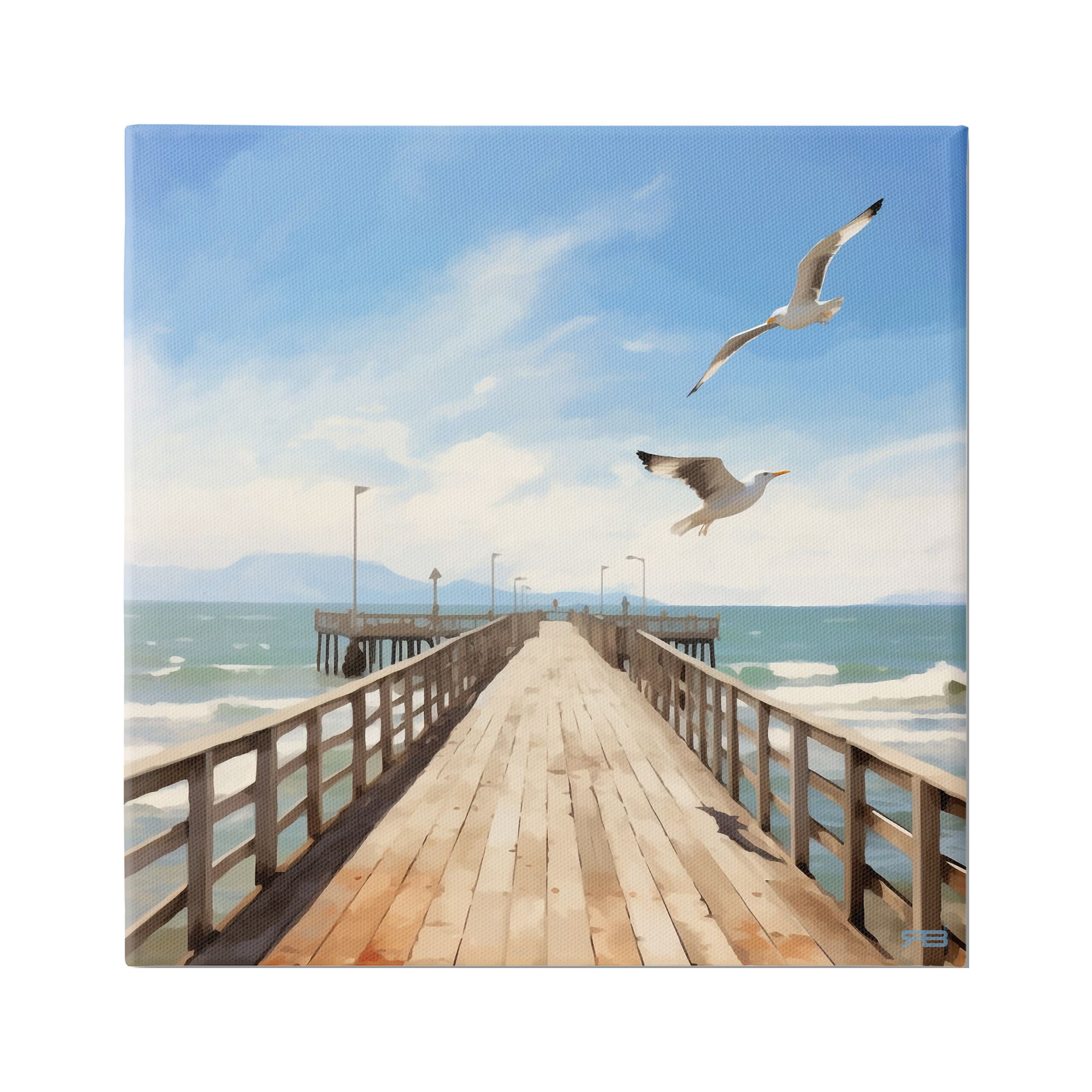 Stupell Industries Seagulls over Pier Landscape Painting Gallery Wrapped Canvas Art Print Wall Art, 30 x 30
