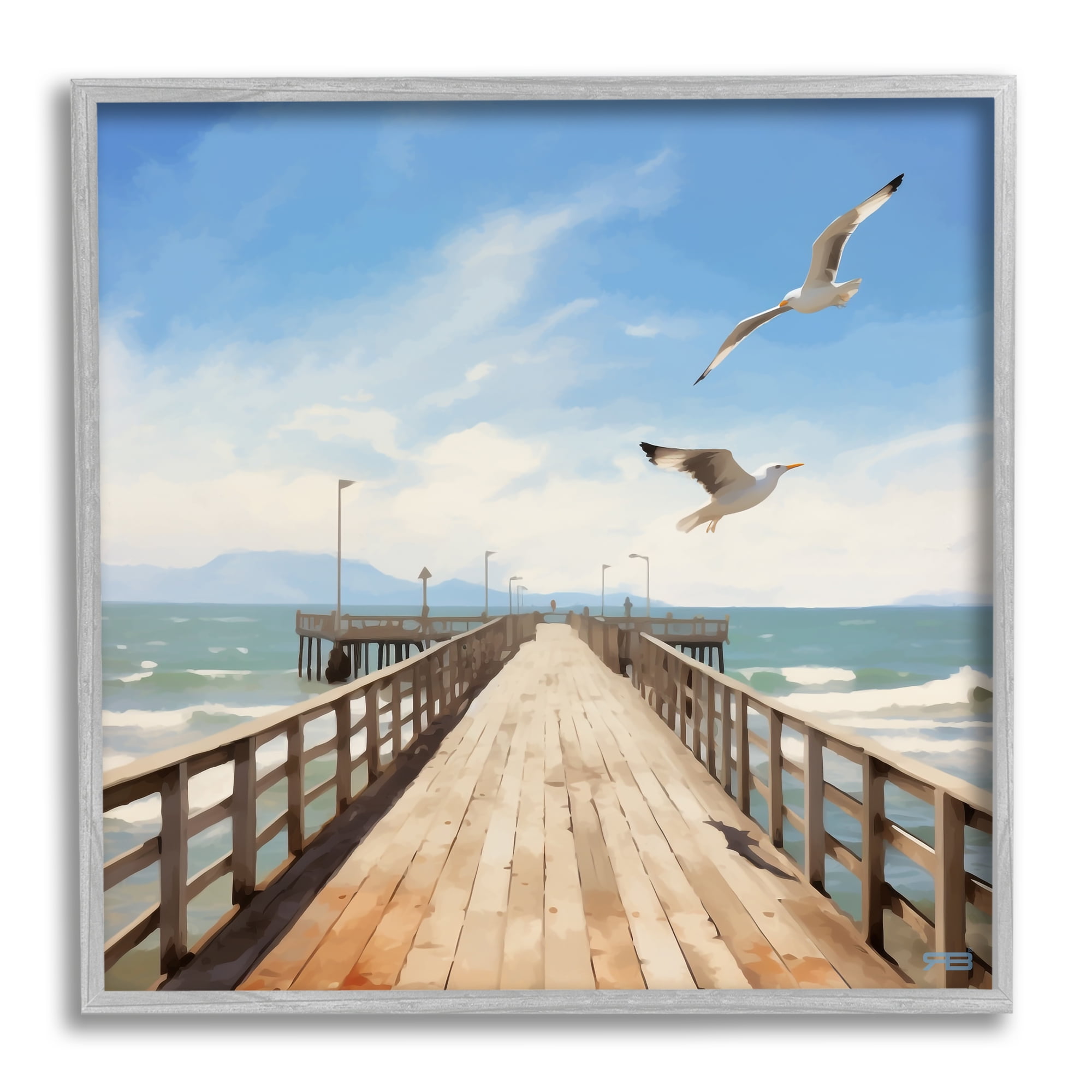 Stupell Industries Seagulls over Pier Landscape Painting Gray Framed Art Print Wall Art, 17 x 17