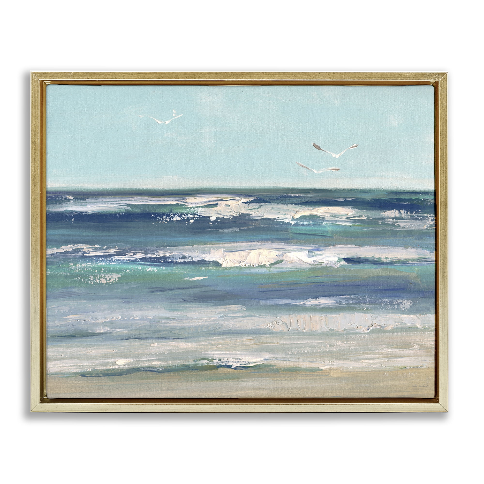 Stupell Industries Seagulls over Rolling Waves Gold Framed Floater Canvas Wall Art, design by Sally Swatland