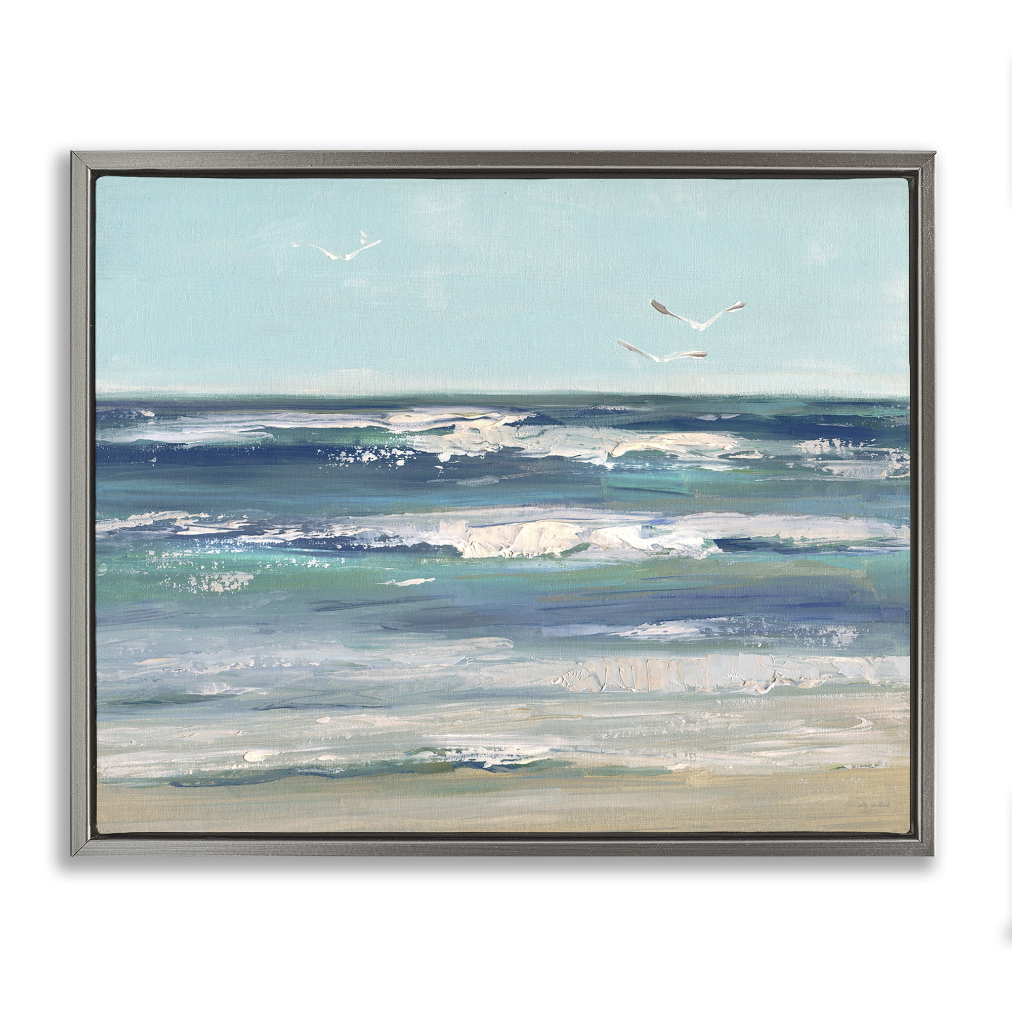 Stupell Industries Seagulls over Rolling Waves Gray Framed Floater Canvas Wall Art, design by Sally Swatland