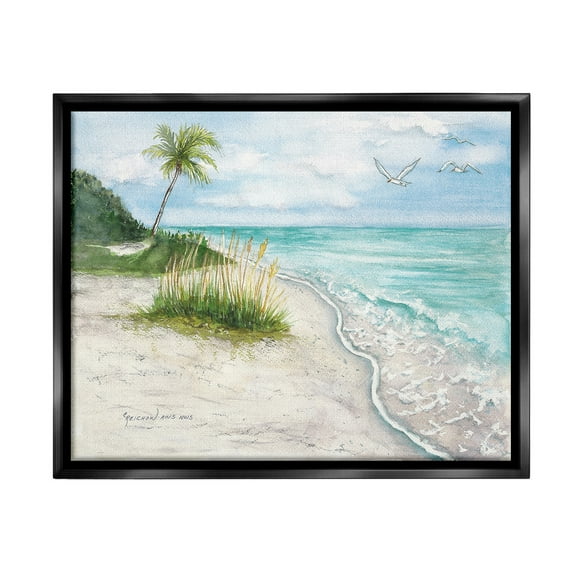 Stupell Industries Seagulls over Tropical Beach Landscape Painting Black Floater Framed Canvas Art Print Wall Art, 21 x 17