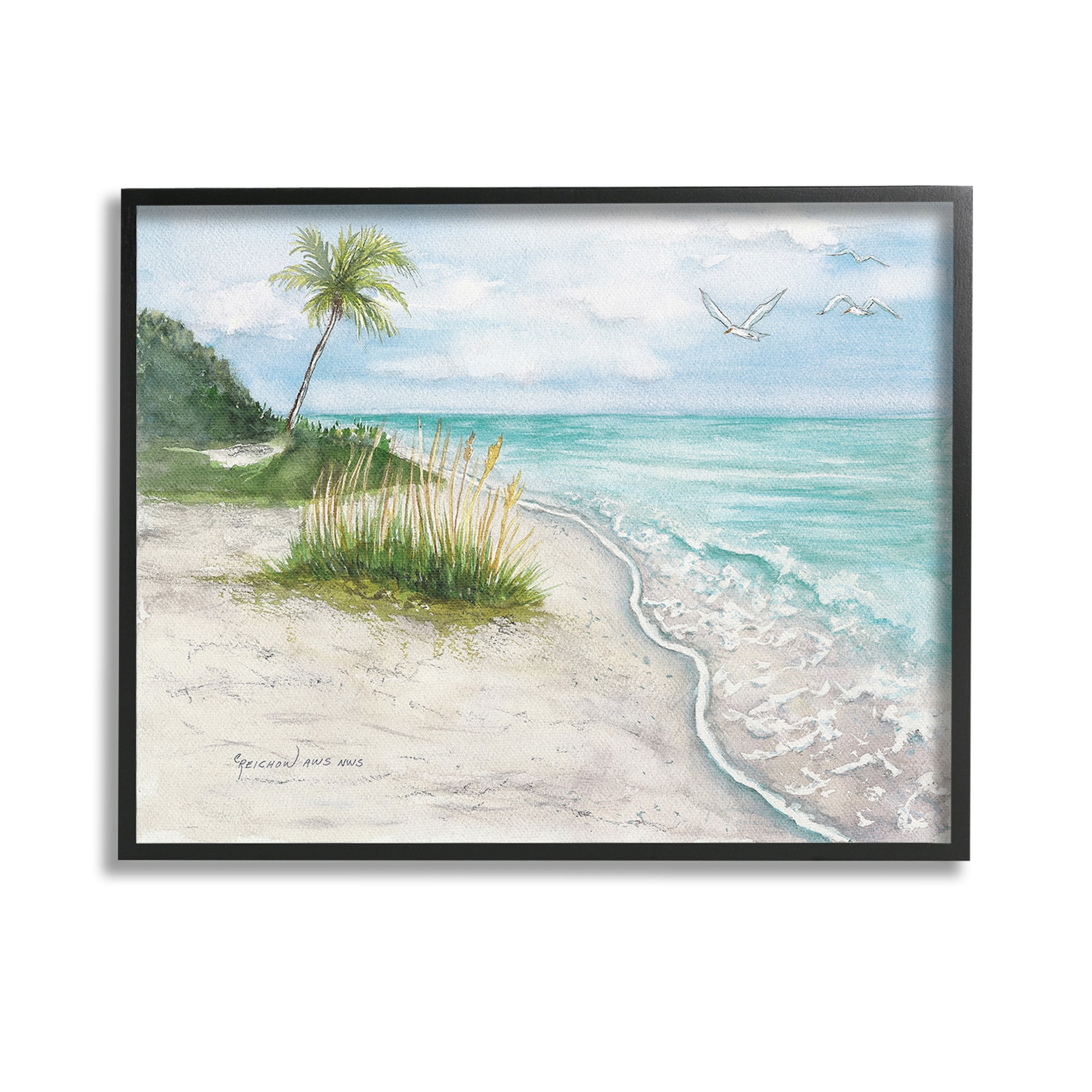 Stupell Industries Seagulls over Tropical Beach Landscape Painting Black Framed Art Print Wall Art, 14 x 11