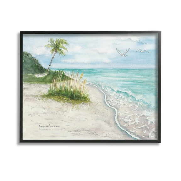 Stupell Industries Seagulls over Tropical Beach Landscape Painting Black Framed Art Print Wall Art, 14 x 11