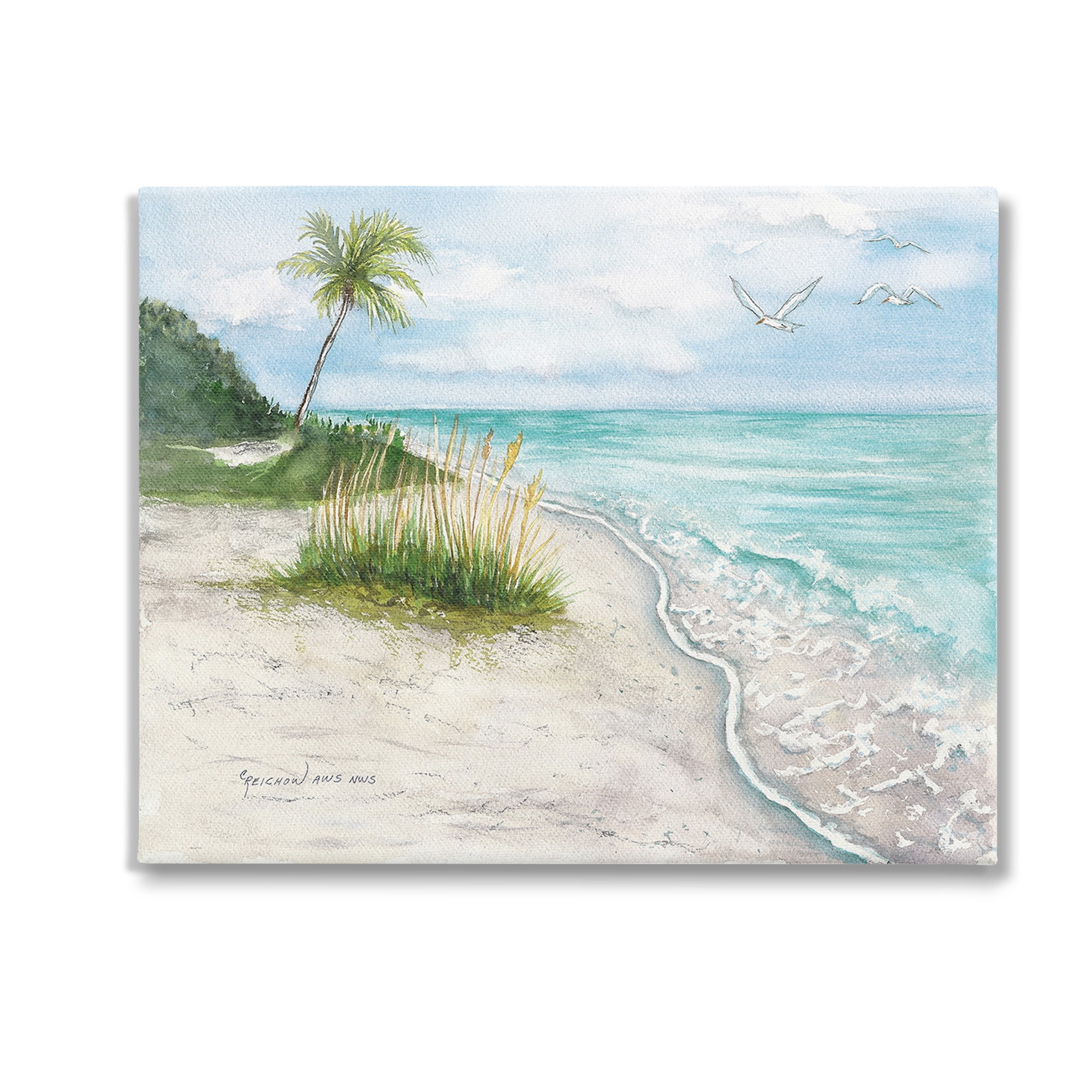 Stupell Industries Seagulls over Tropical Beach Landscape Painting Gallery Wrapped Canvas Art Print Wall Art, 30 x 24