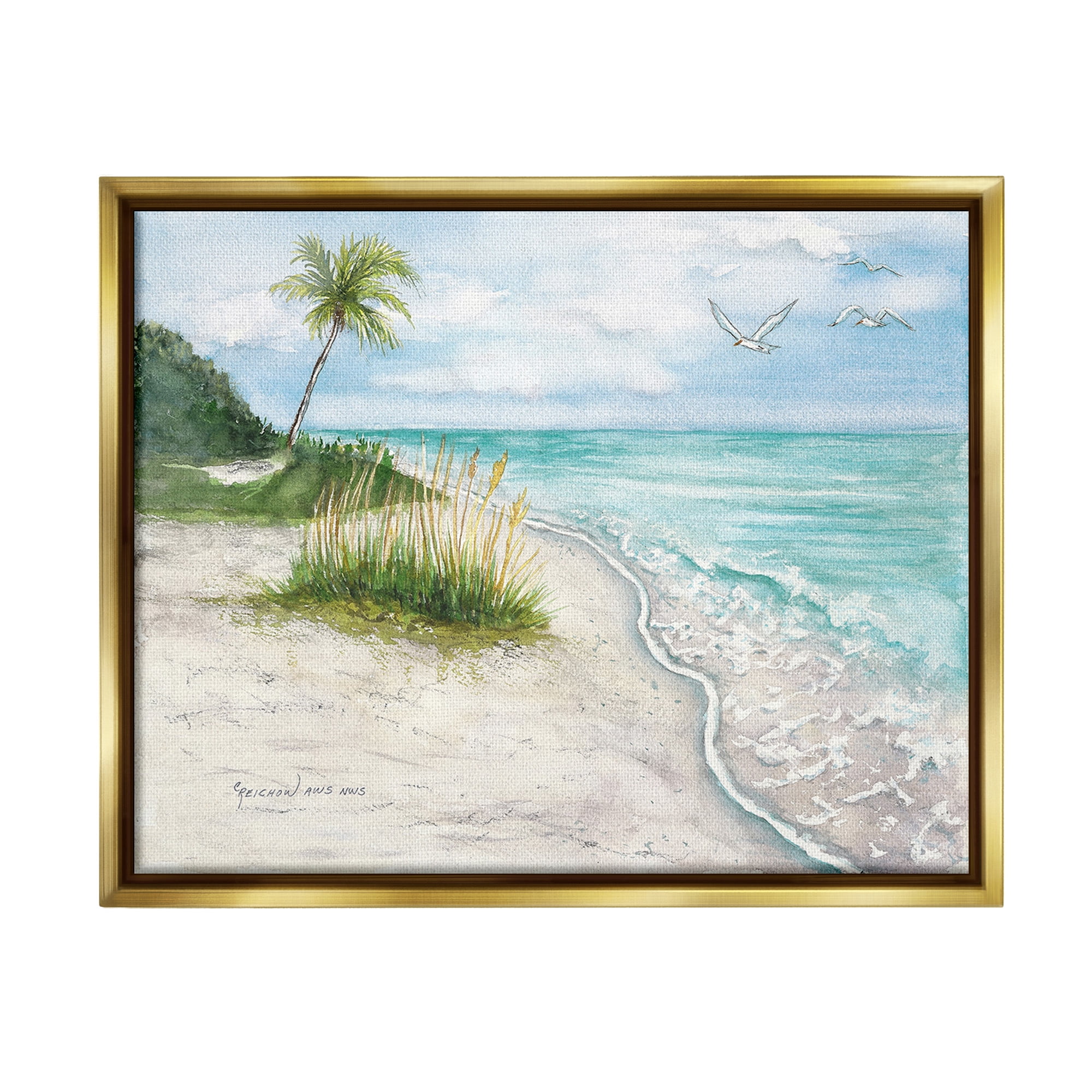 Stupell Industries Seagulls over Tropical Beach Landscape Painting Gold Floater Framed Canvas Art Print Wall Art, 31 x 25