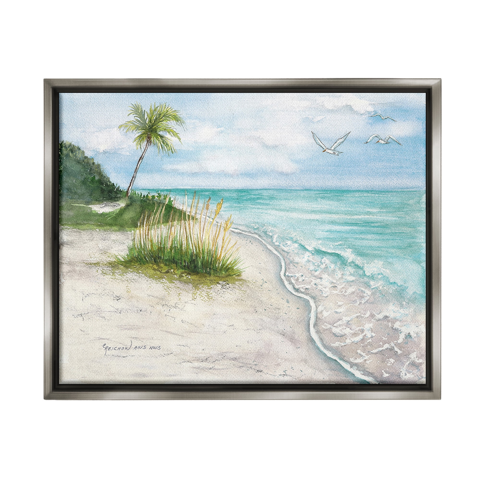 Stupell Industries Seagulls over Tropical Beach Landscape Painting Gray Floater Framed Canvas Art Print Wall Art, 21 x 17