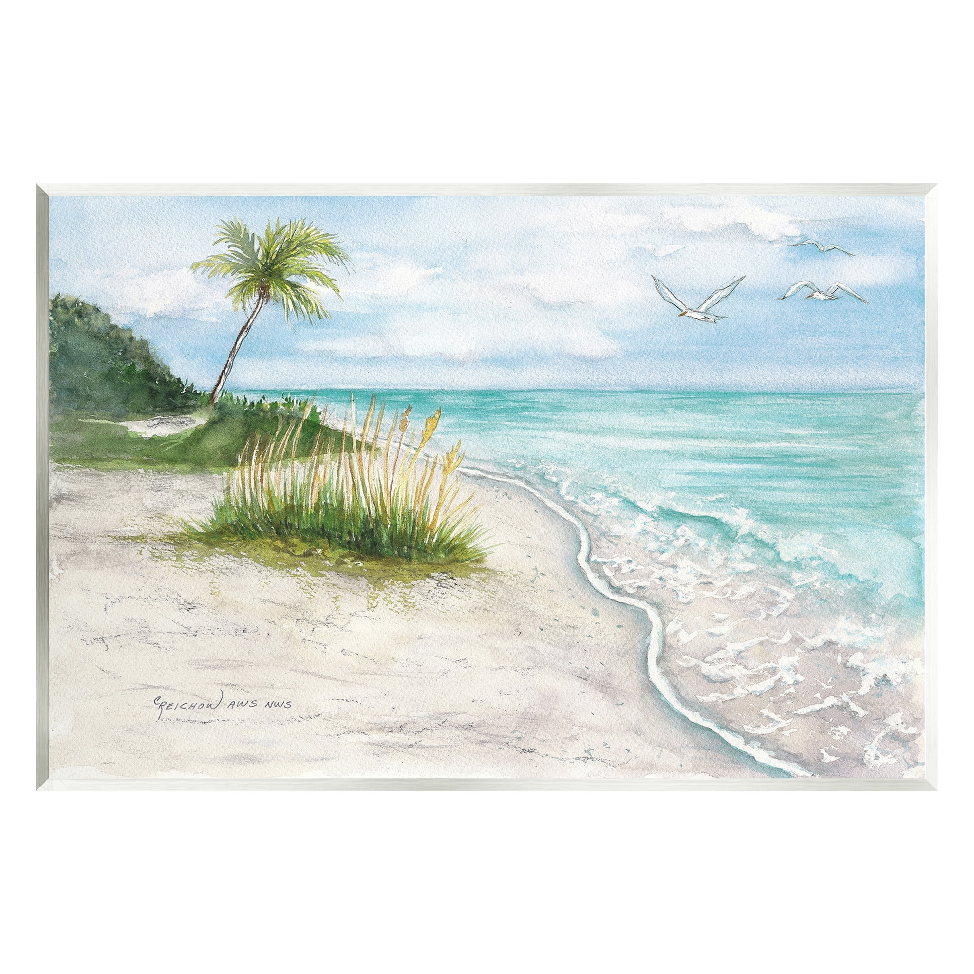 Stupell Industries Seagulls over Tropical Beach Landscape Painting Unframed Art Print Wall Art, 15 x 10