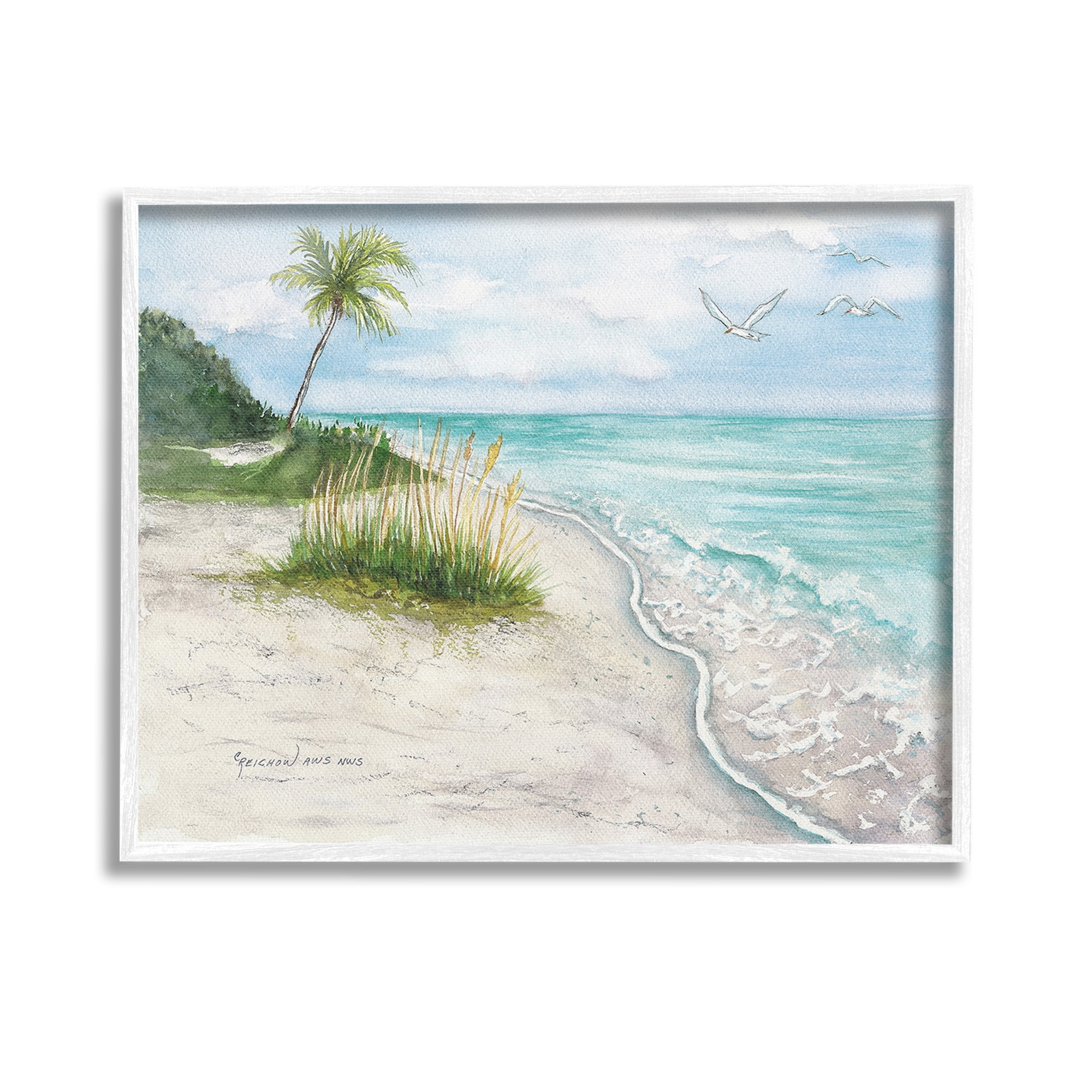 Stupell Industries Seagulls over Tropical Beach Landscape Painting White Framed Art Print Wall Art, 14 x 11