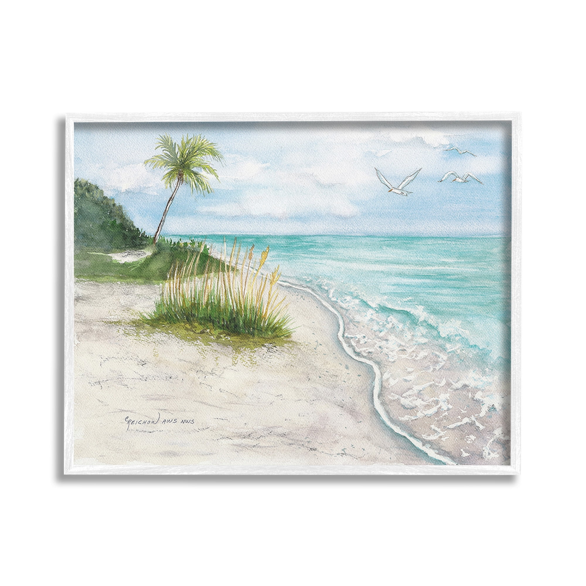 Stupell Industries Seagulls over Tropical Beach Landscape Painting White Framed Art Print Wall Art, 30 x 24