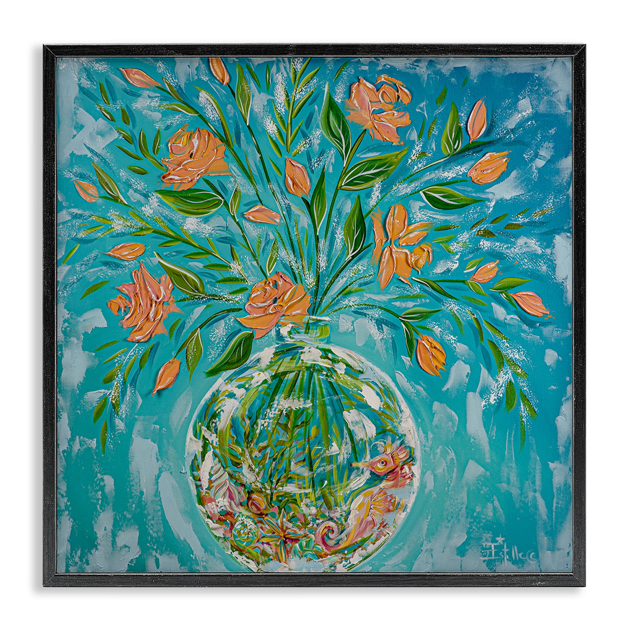 Stupell Industries Seahorse Fish Bowl Bouquet Nautical & Beach Painting Black Framed Art Print Wall Art, 12 x 12