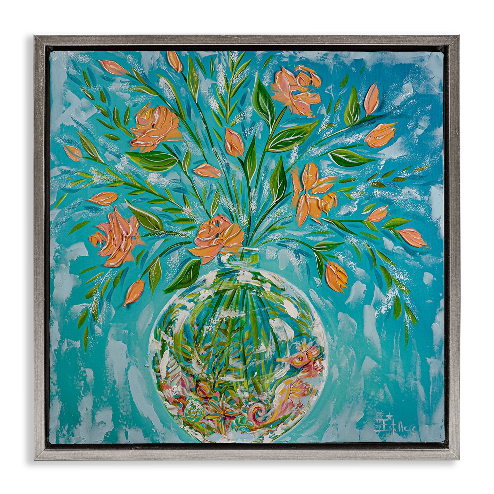 Stupell Industries Seahorse Fish Bowl Bouquet Nautical & Beach Painting Gray Floater Framed Canvas Art Print Wall Art, 25 x 25