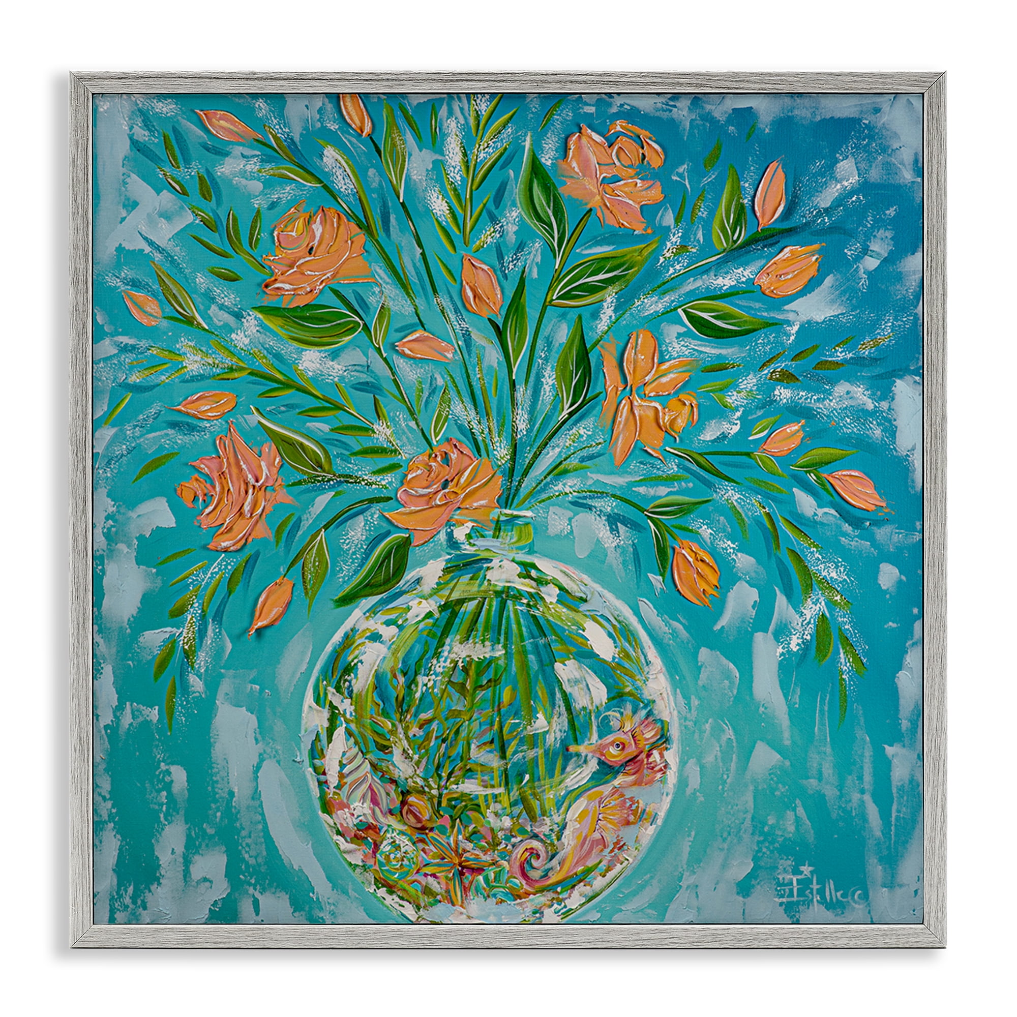 Stupell Industries Seahorse Fish Bowl Bouquet Nautical & Beach Painting Gray Framed Art Print Wall Art, 17 x 17