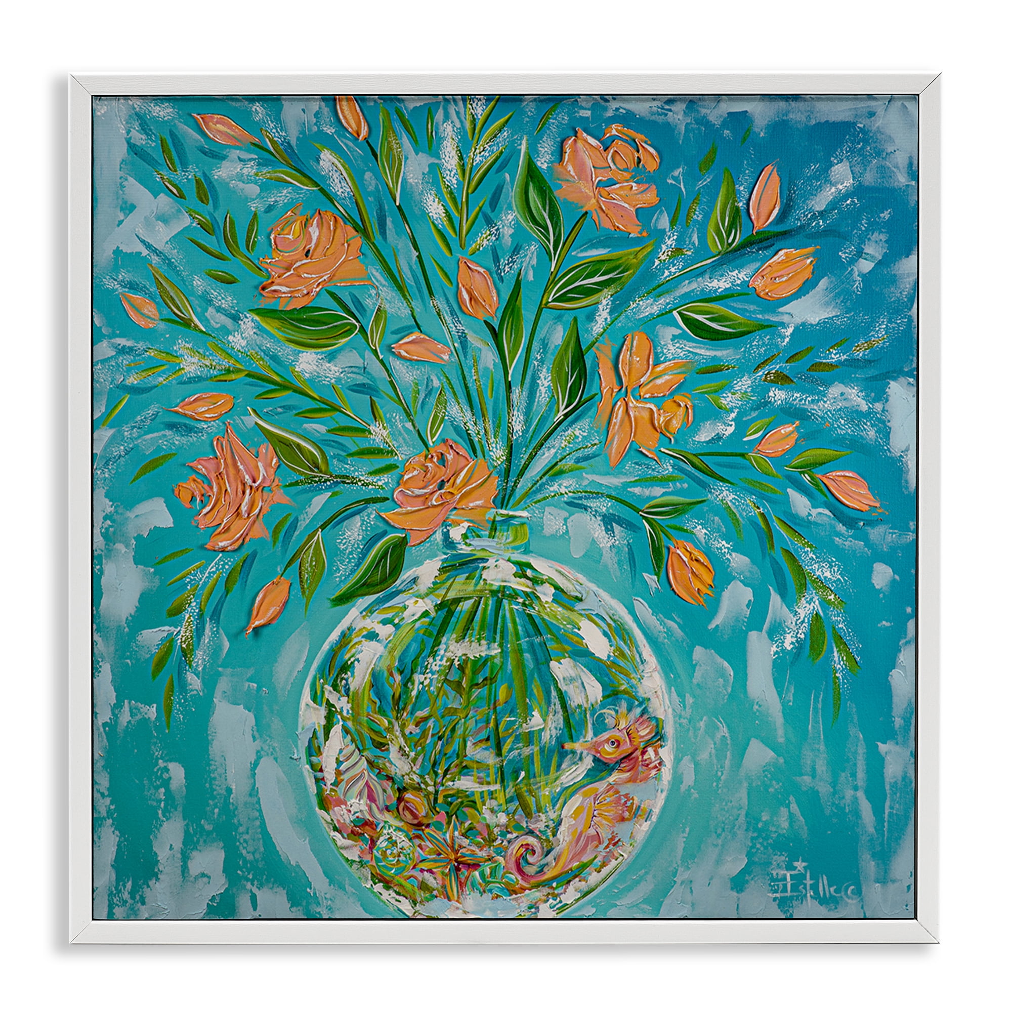 Stupell Industries Seahorse Fish Bowl Bouquet Nautical & Beach Painting White Framed Art Print Wall Art, 12 x 12