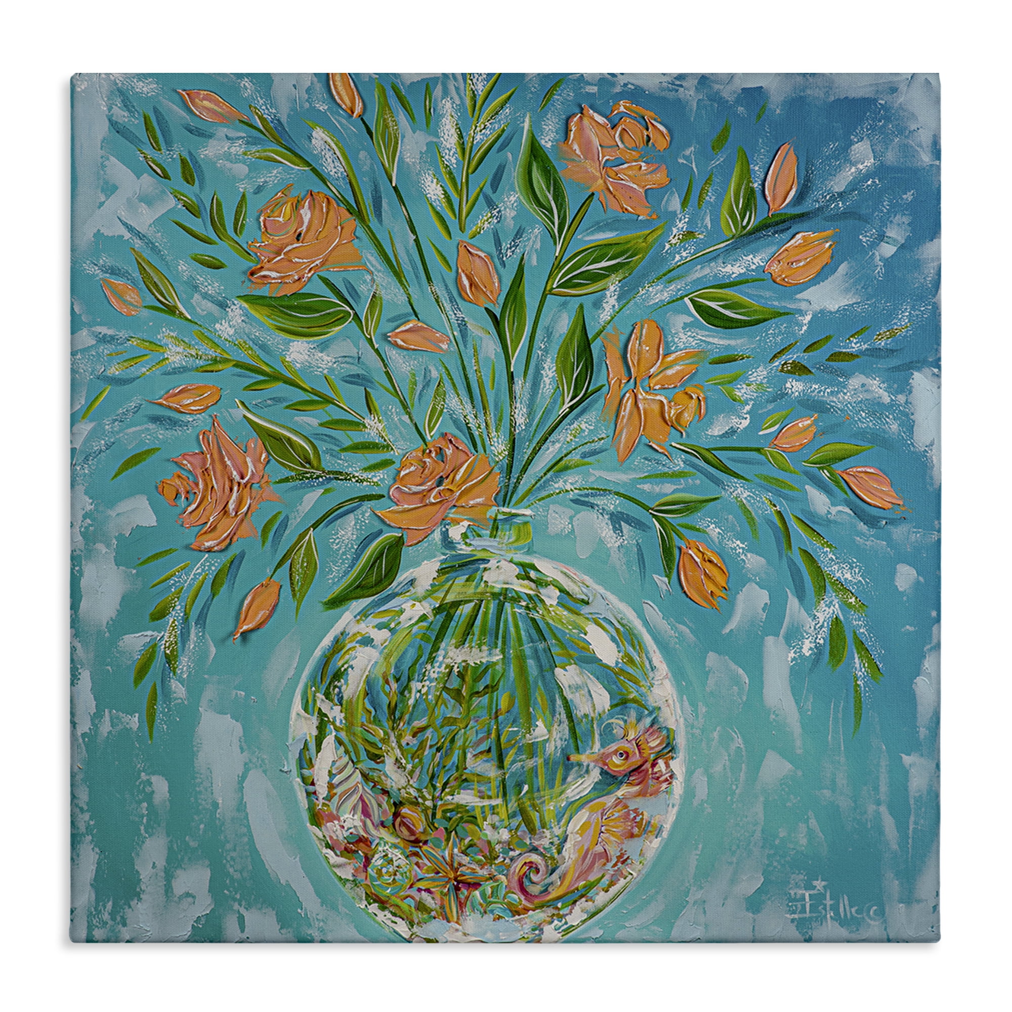 Stupell Industries Seahorse Fish Bowl Bouquet Nautical & Beach Painting Wrapped Canvas Art Print Wall Art, 24 x 24