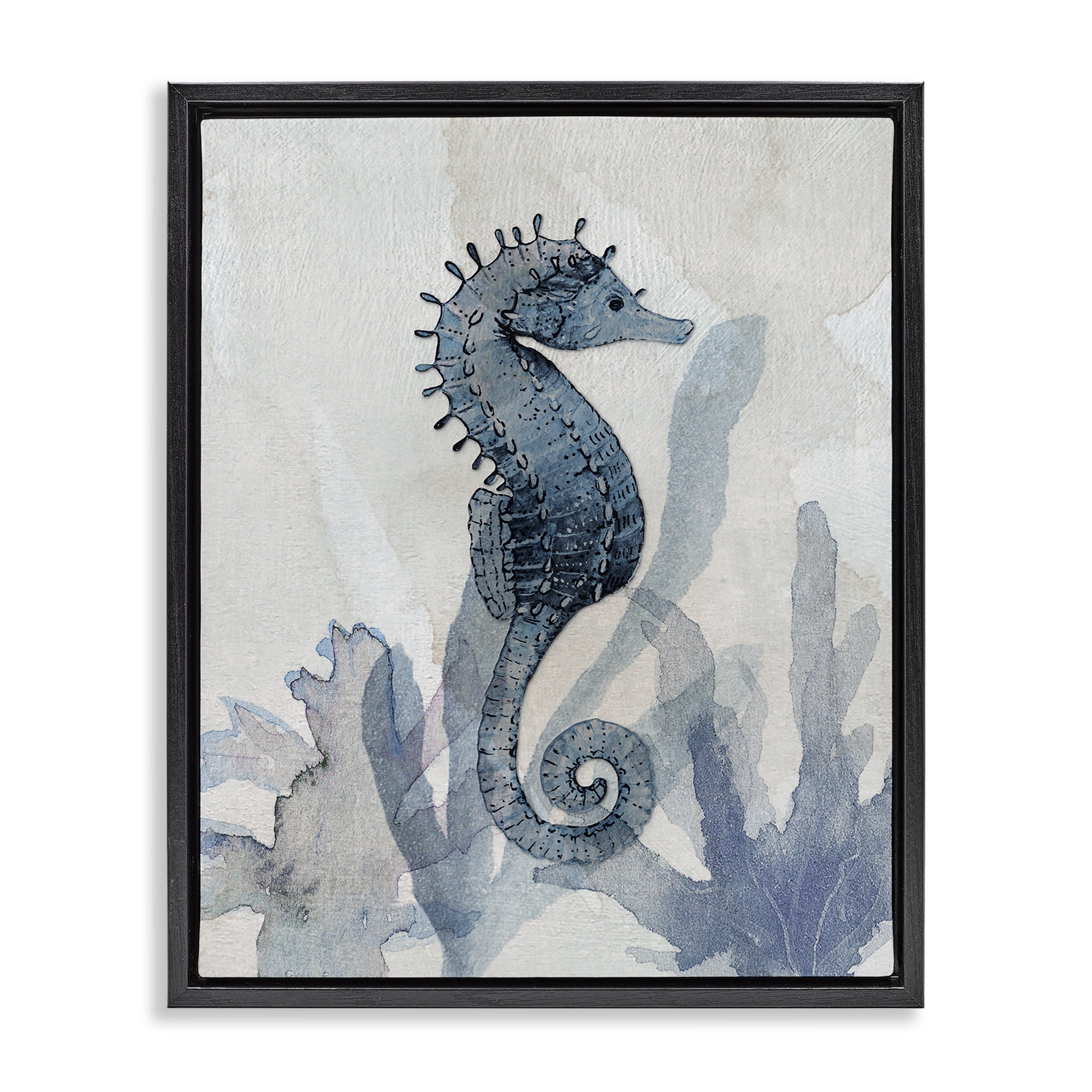 Stupell Industries Seahorse & Seaweed Impressions Black Framed Floater Canvas Wall Art, design by Susan Jill