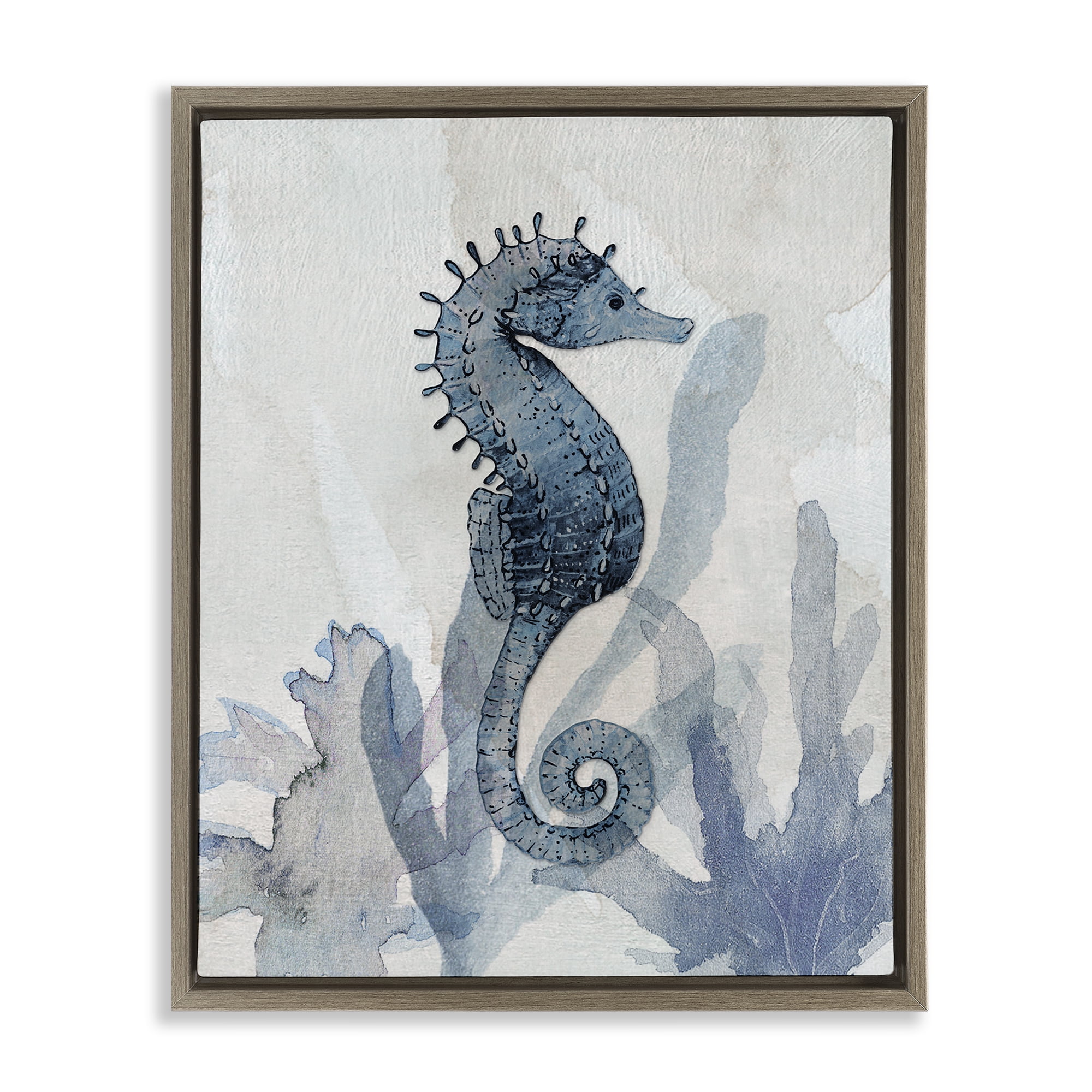 Stupell Industries Seahorse & Seaweed Impressions Brown Framed Floater Canvas Wall Art, design by Susan Jill