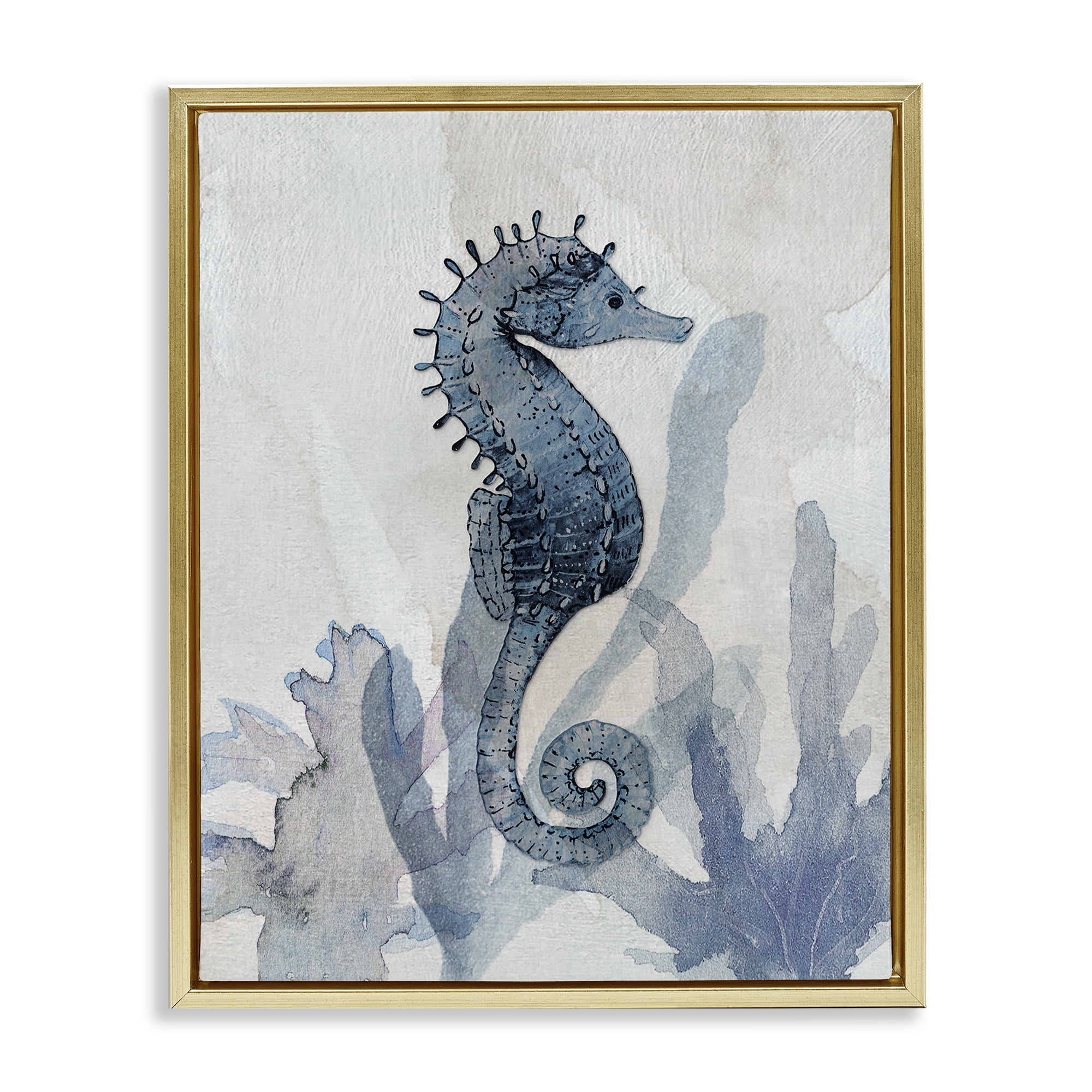 Stupell Industries Seahorse & Seaweed Impressions Gold Framed Floater Canvas Wall Art, design by Susan Jill