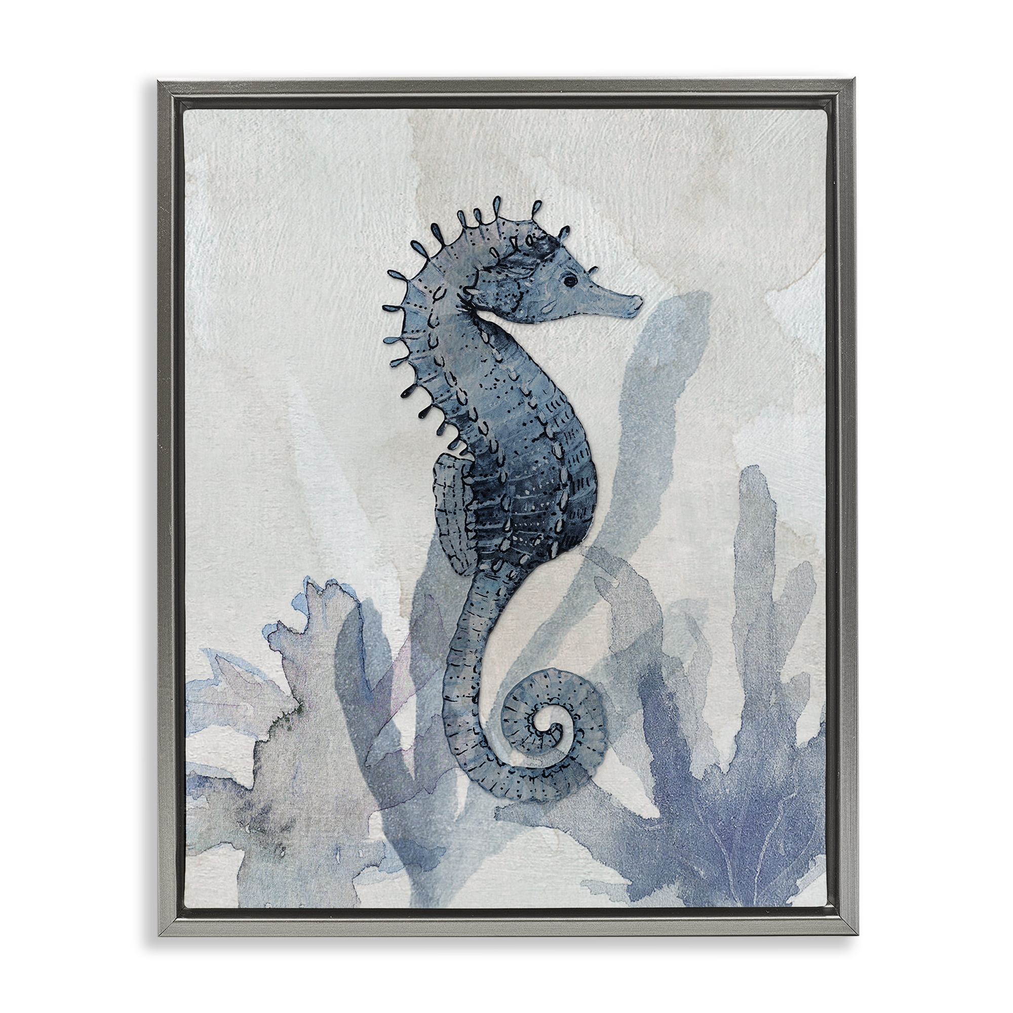 Stupell Industries Seahorse & Seaweed Impressions Gray Framed Floater Canvas Wall Art, design by Susan Jill