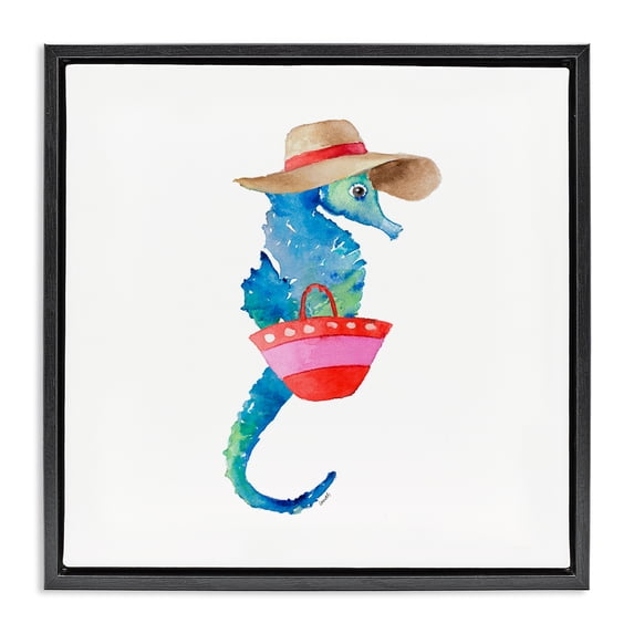 Stupell Industries Eclectic Seahorse in Beach Hat Black Floating Frame Canvas Art, 18 x 18, by Lanie Loreth